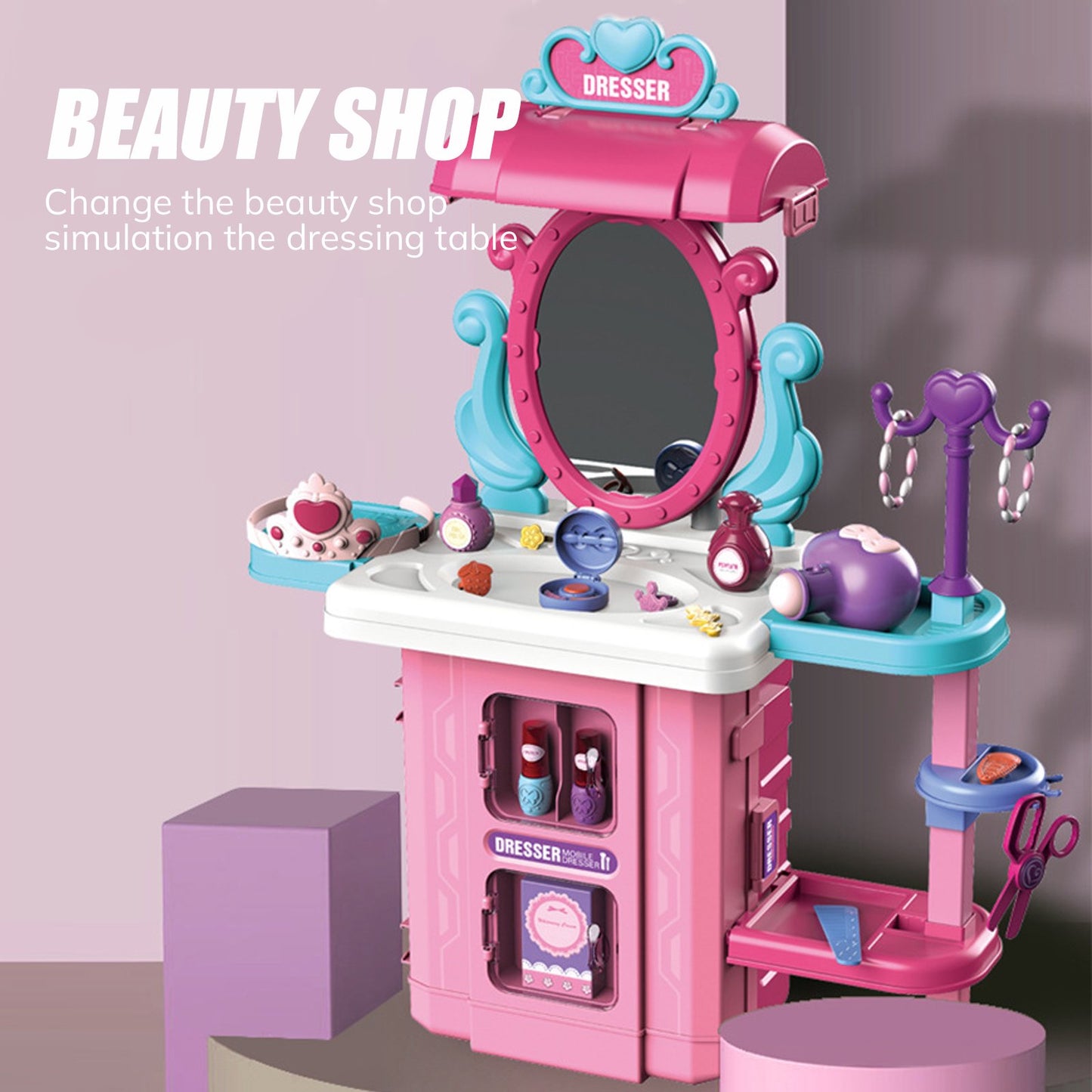 Vecukty 39Pcs Pretend Makeup Play Set, Kids Vanity with Mirror and Beauty Accessories, Princess Dresser Role Play Toy, Fashion Christmas Birthday Gift