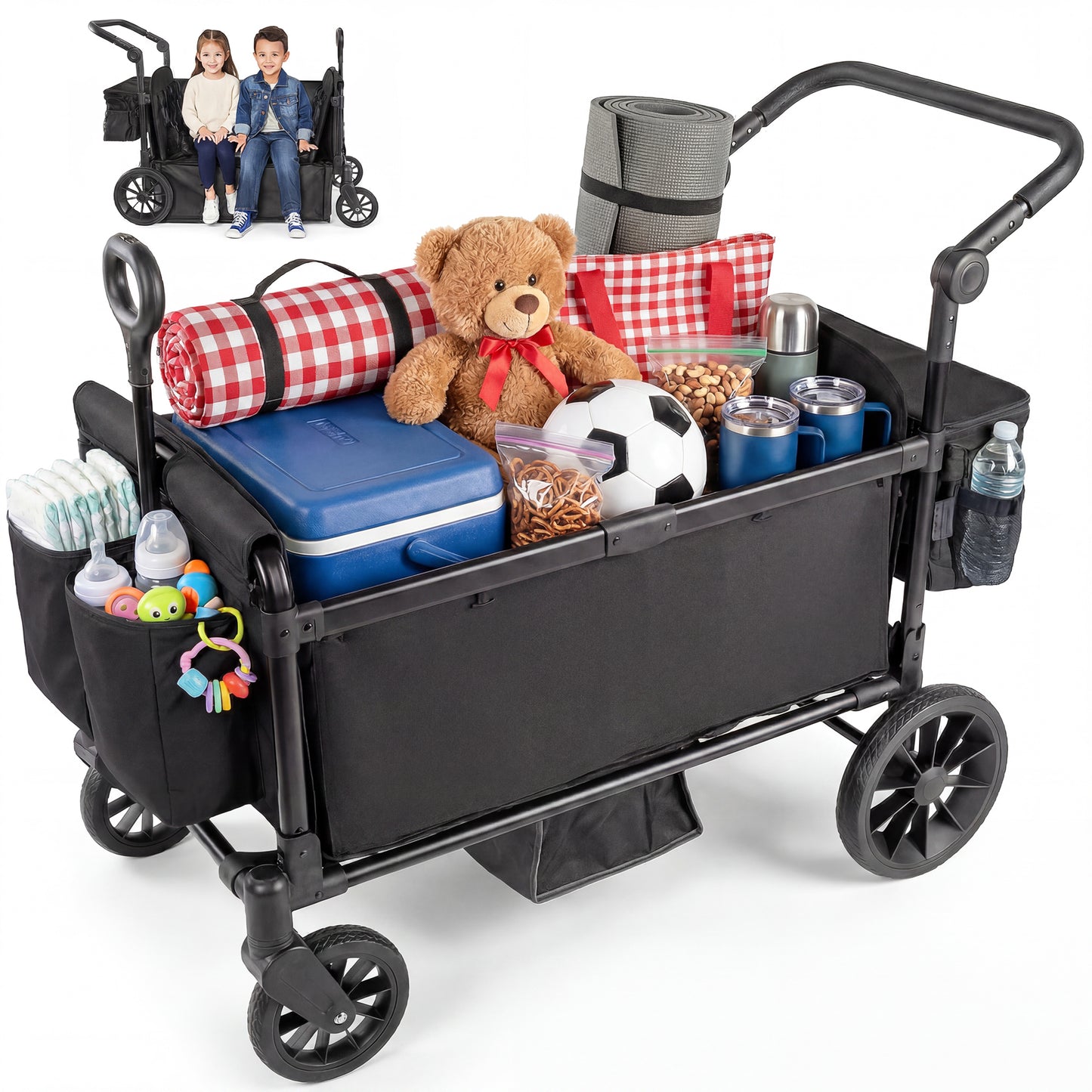 SACVON 4-Seater Stroller Wagon with Side Entry, Canopy & Snack Tray, Includes Detachable Storage Bag That Converts to a Backpack–Black