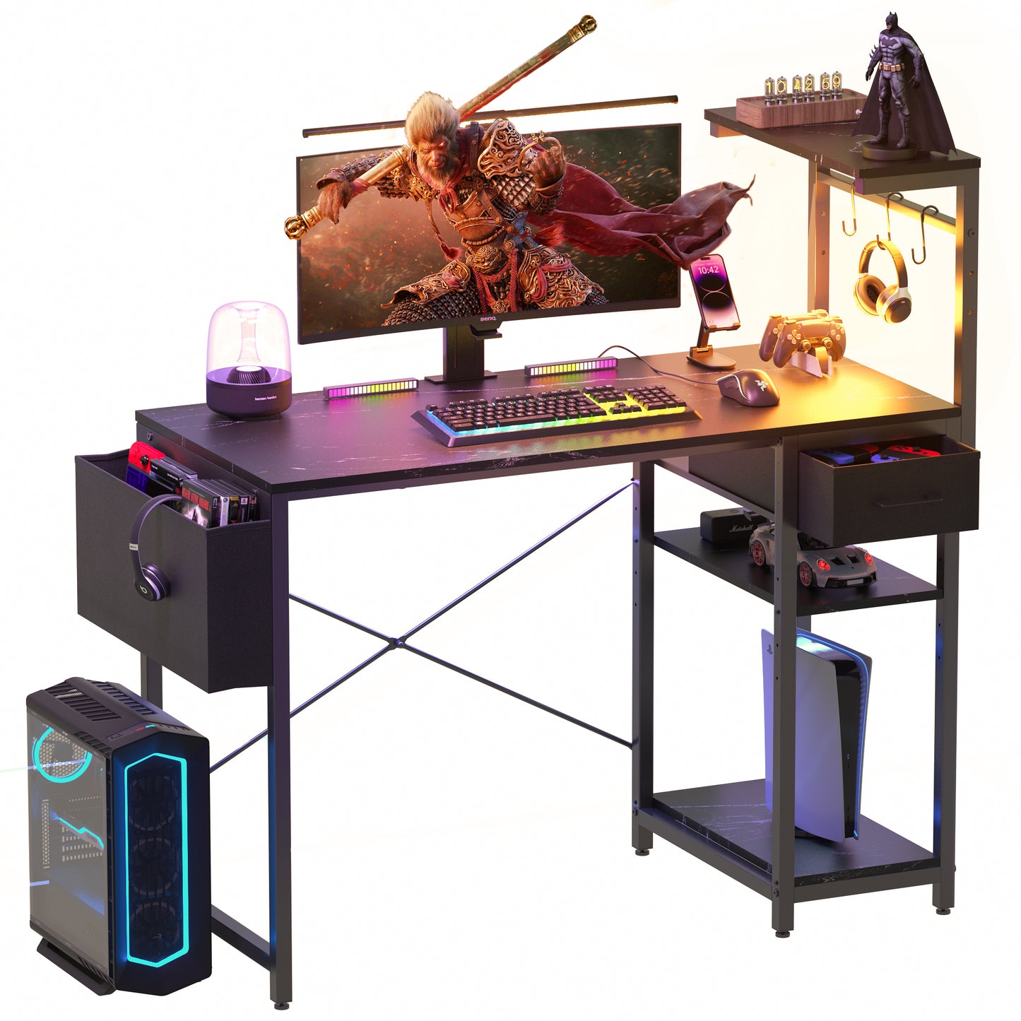 Eunon 44 inch Gaming Computer Desk with LED Lights, Reversible 4 Tier Storage Shelves & Drawer,Carbon Fiber