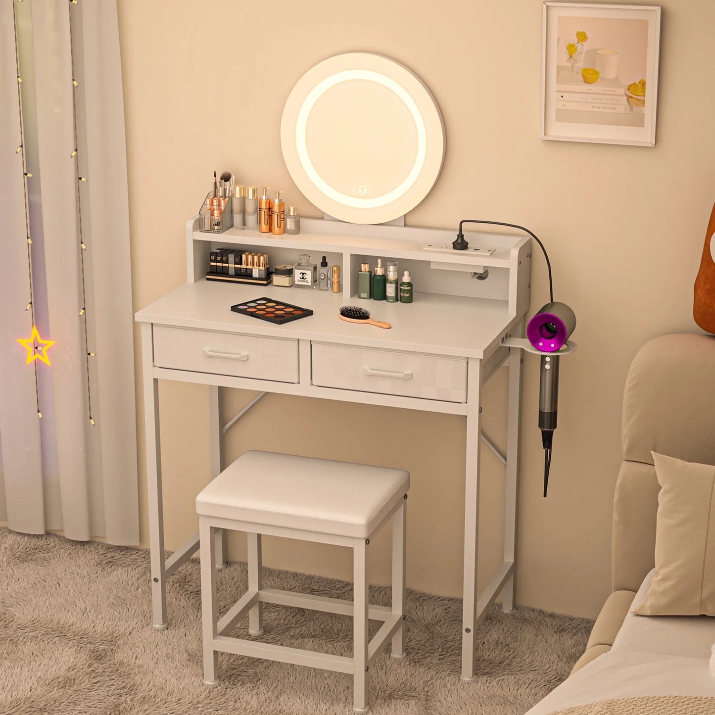 Eunon Vanity Desk with Mirror,USB Port & Stool,3 Color Modes & Adjustable Brightness, White