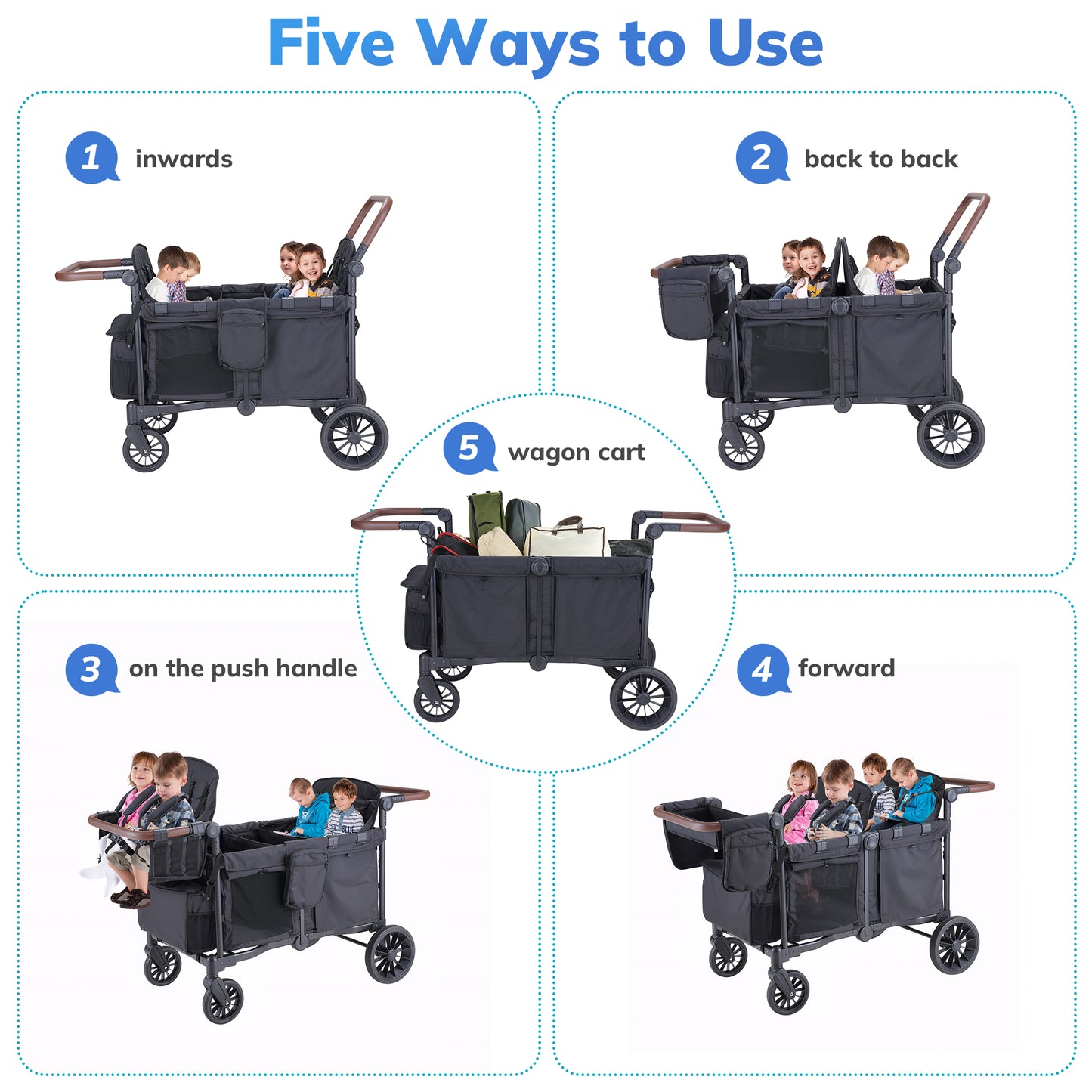 SACVON Toddler Stroller Wagon for 4 Kids with Cooler Bag,Parent Organizer,5-Point Harnesses,Black