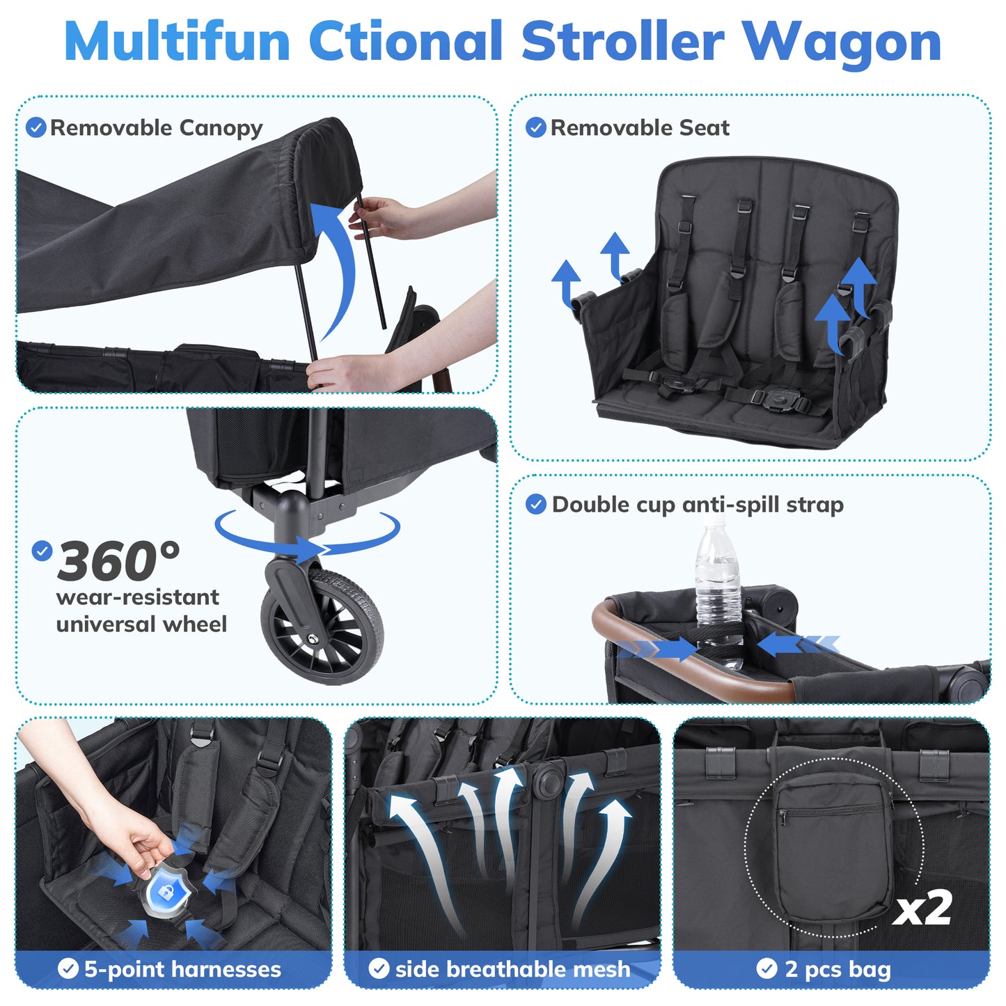 SACVON Toddler Stroller Wagon for 4 Kids with Cooler Bag,Parent Organizer,5-Point Harnesses,Black