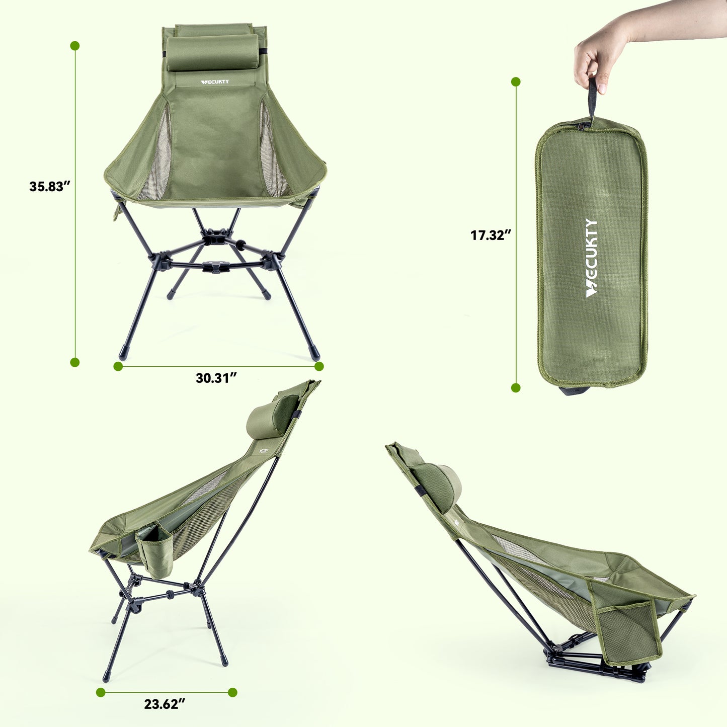 Triangle Frame High Back Folding Camping Chair, Portable Moon Chair with Enhanced Stability, Includes Carry Bag, Army Green