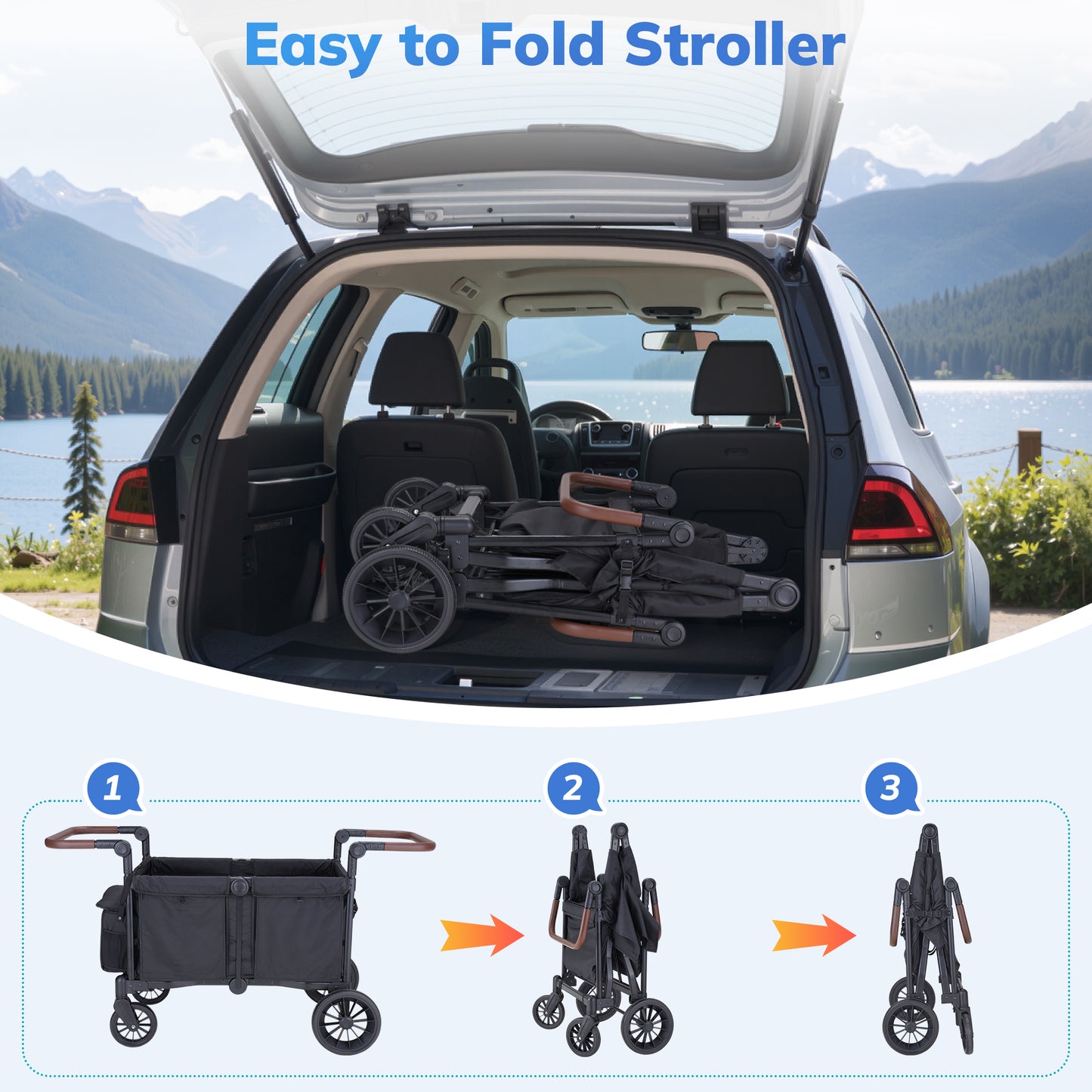 SACVON Toddler Stroller Wagon for 4 Kids with Cooler Bag,Parent Organizer,5-Point Harnesses,Black