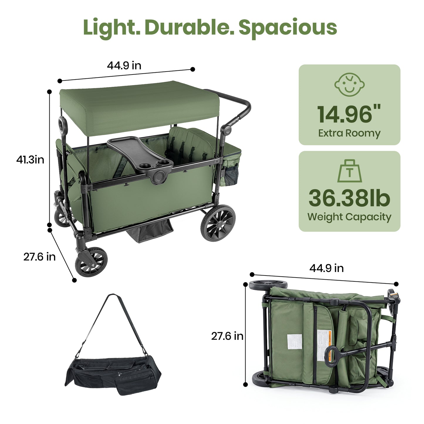 SACVON 4-Seater Stroller Wagon with Side Entry, Canopy & Snack Tray, Includes Detachable Storage Bag That Converts to a Backpack– Olive Green