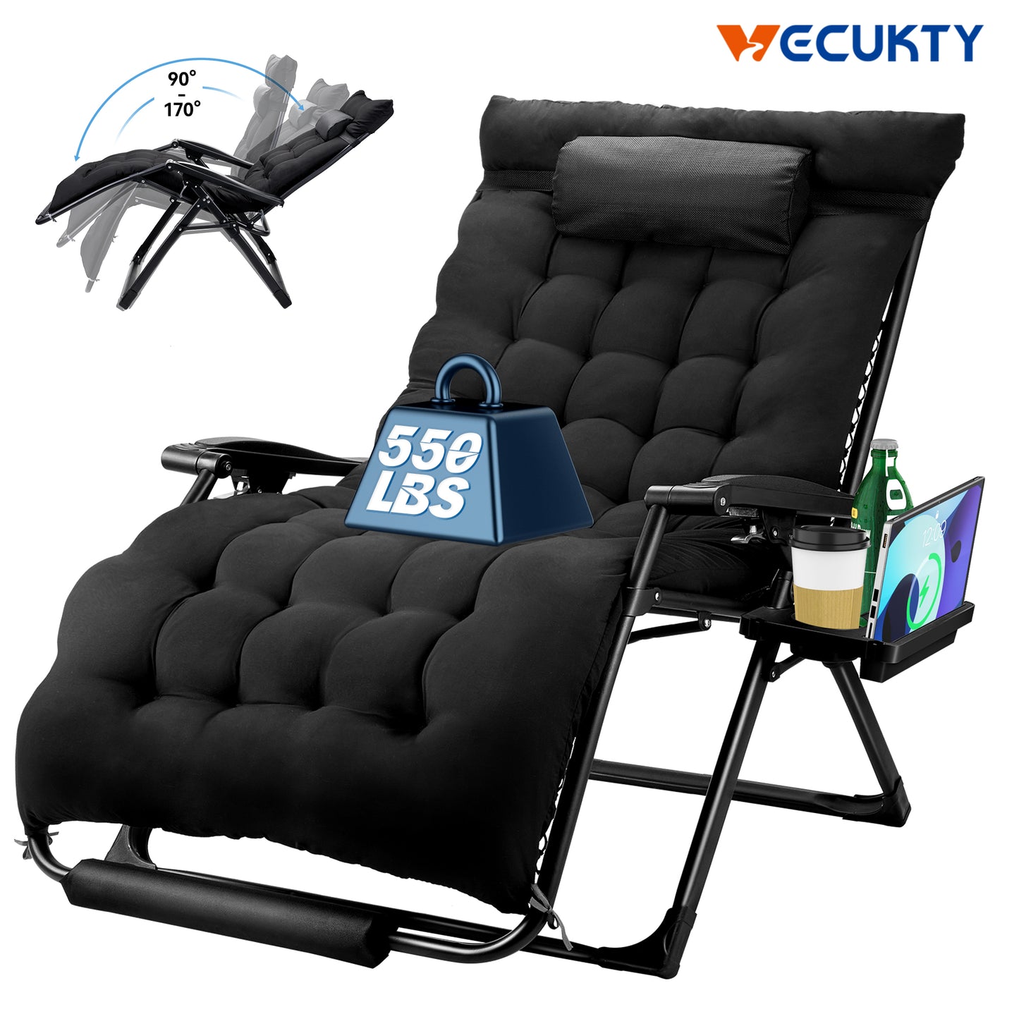 VECUKTY XXL Oversize Zero Gravity Chair - 500lb Capacity, 33-Inch Wide Padded Seat, Folding Travel Recliner for Outdoor / Indoor Use - Patio, Lawn, Black, Portable and Heavy Duty