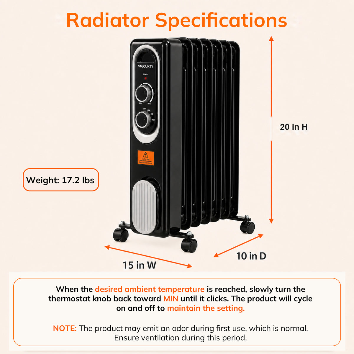 Vecukty Radiator Heater for Large Space, 1500W Electric Oil Filled Radiator, Dual Knobs, 7-Fin Oil Radiator, Quiet Space Heater, 3 Modes, Overheat and Tip-over Protection, 24H Timer