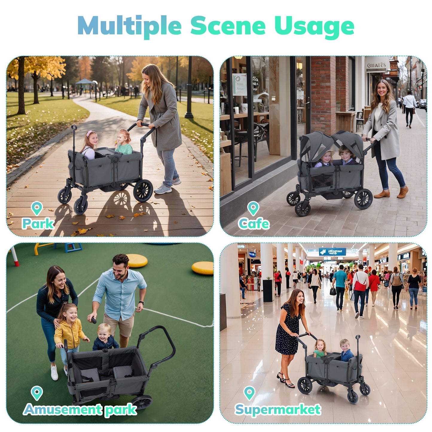 SACVON Baby Stroller Wagon for 2 Kids with Breathable Canopy,Parent Organizer,Removable Seat,2 Cup Holders,Gray