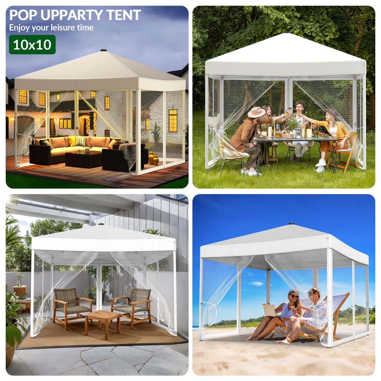Vecukty 10x10ft Pop Up Canopy Tent with Removable Mesh Mosquito Sidewalls, Remote-Controlled 8-Color LED Lights ,Instant Outdoor Shelter Gazebo Tent, White