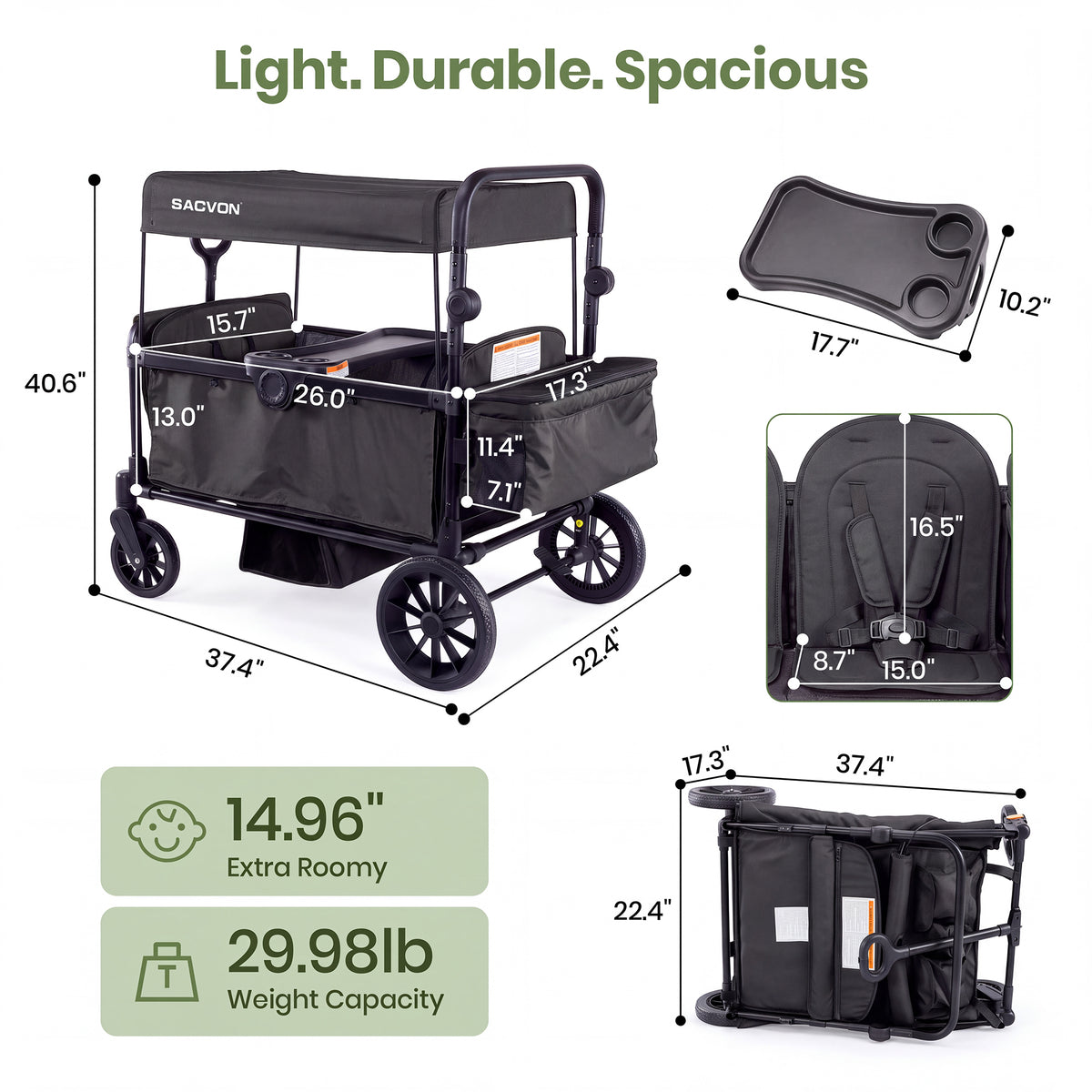 SACVON Wagon Stroller for 2 Toddlers, 4‑in‑1 Collapsible Stroller Wagon with Side Entry, 5‑Point Safety Harness, Adjustable Canopy, Snack Tray & Convertible Backpack Storage Bag, Black