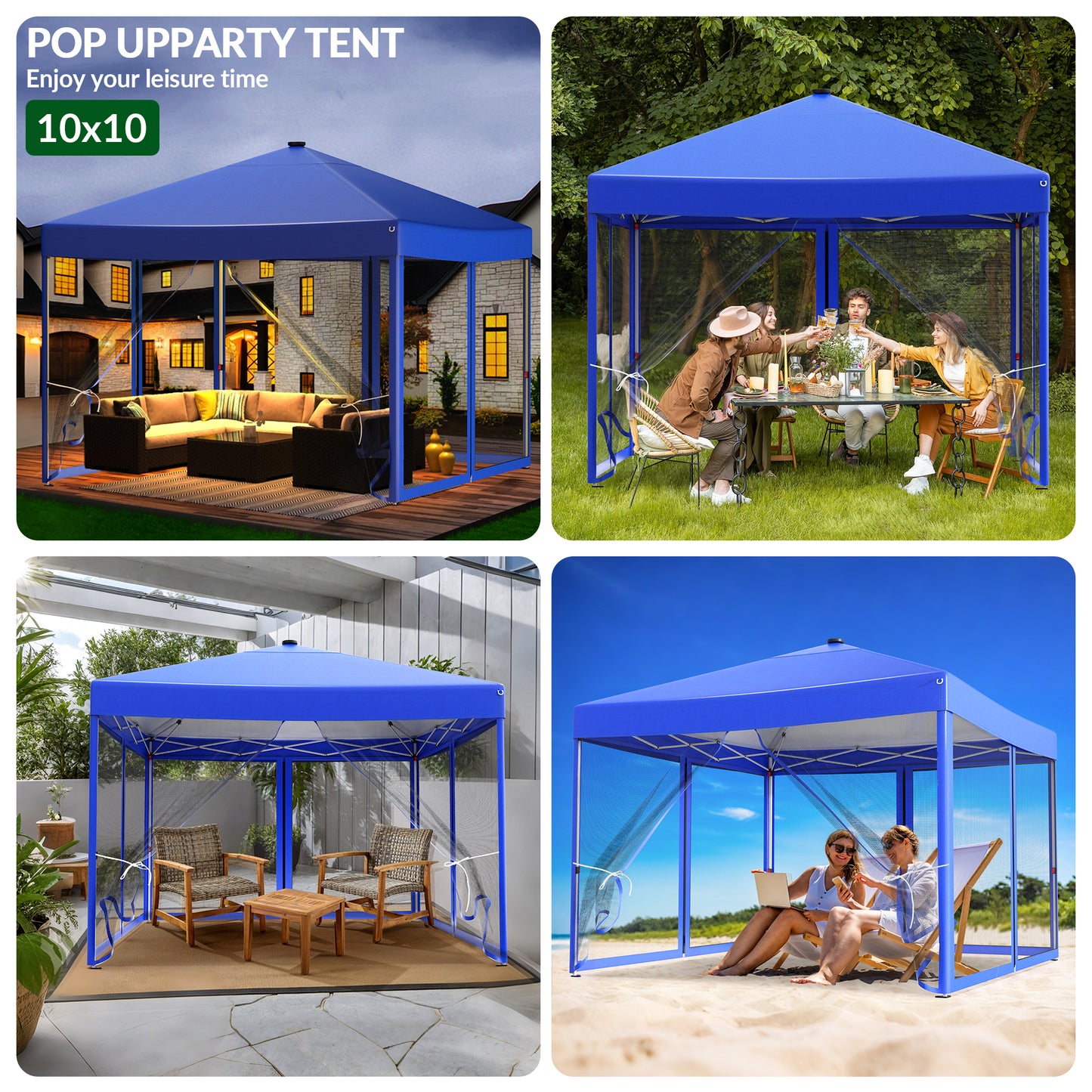 Vecukty 10x10ft Pop Up Canopy Tent with Removable Mesh Mosquito Sidewalls, Remote-Controlled 8-Color LED Lights ,Instant Outdoor Shelter Gazebo Tent,Blue
