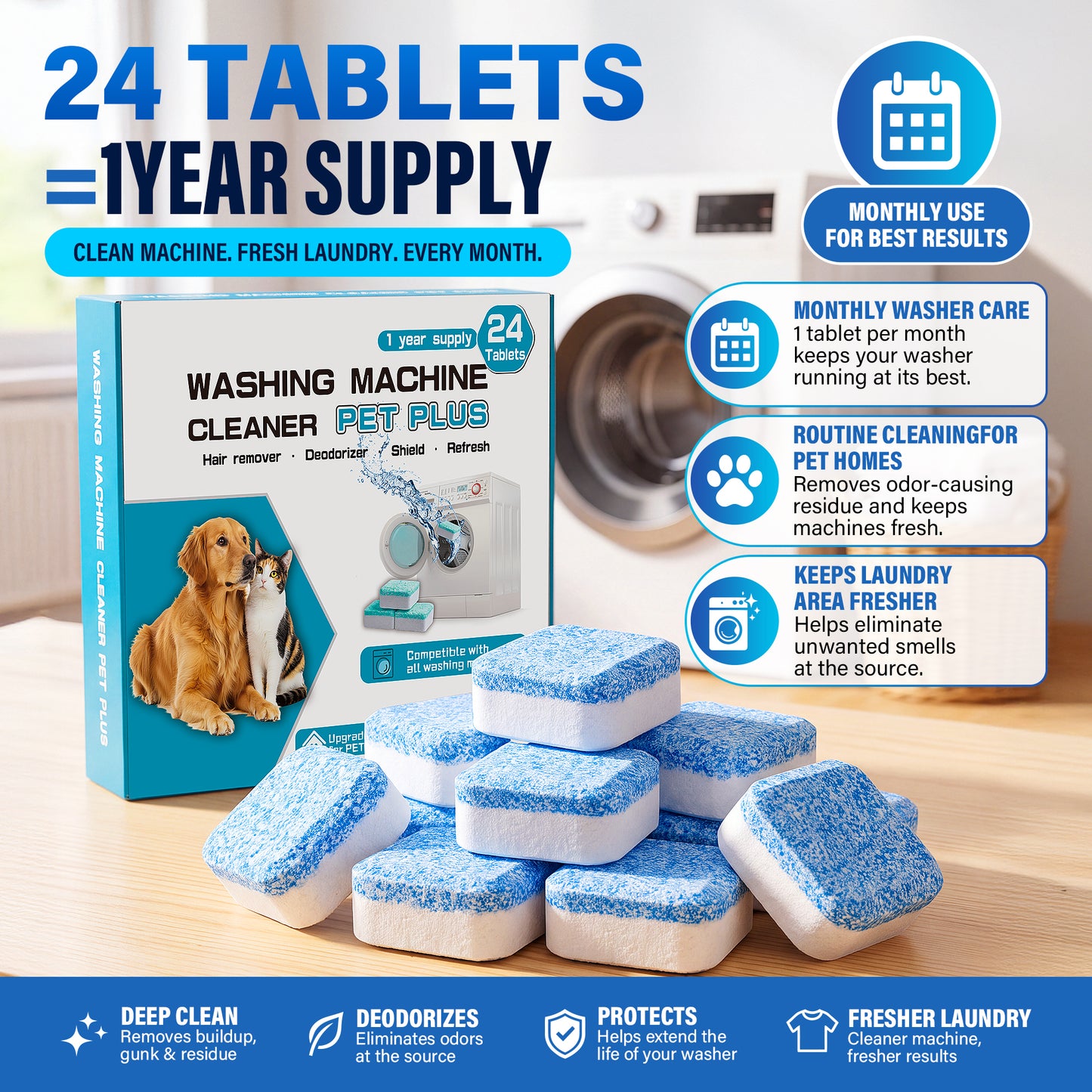 Washing Machine Cleaner Tablets 24 Pack, Washer Machine Cleaning Tablets for Pet Owners, Deep Washer Cleaner Tablets for HE Front and Top Loaders