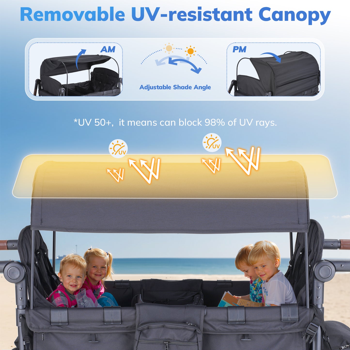 SACVON Toddler Stroller Wagon for 4 Kids with Cooler Bag,Parent Organizer,5-Point Harnesses,Black