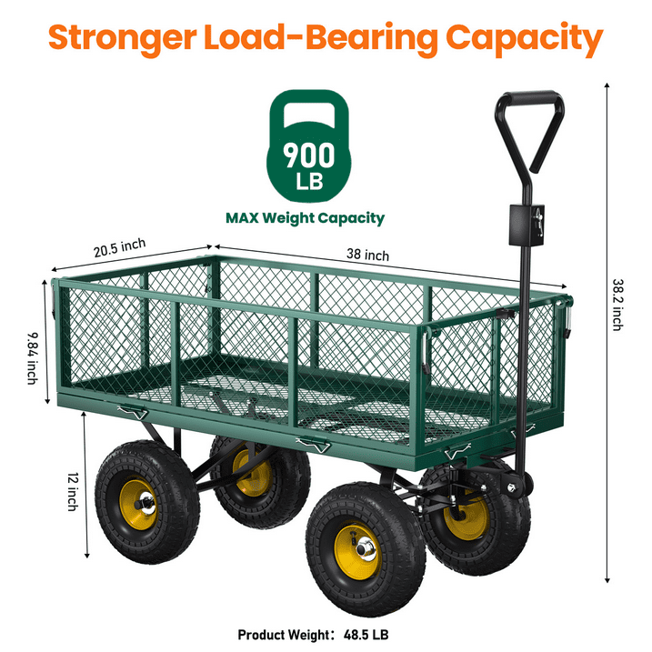 VECUKTY Heavy Duty Steel Dump Garden Cart with Liner, 900lbs Capacity Folding Utility Metal Wagon 3 Cu ft 10" Wheel, Green