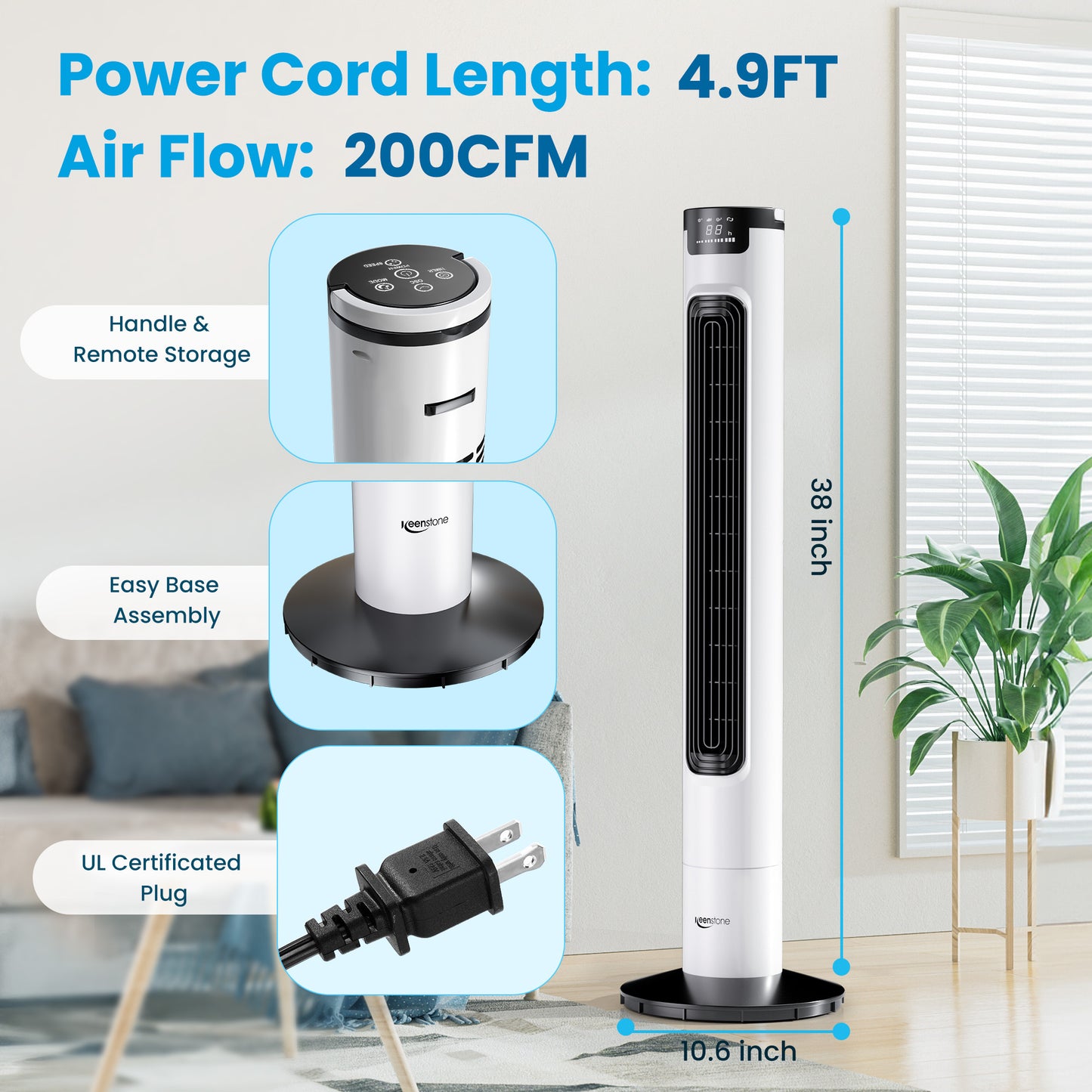 Keenstone Tower Fan for Bedroom, 38 inches Bladeless Fan with Remote Control, 75° Oscillating Fan, Quiet Floor Fan, 3 Speeds 3 Modes, 7.5H Timer, Standing Fan for Home Living Room Office - White