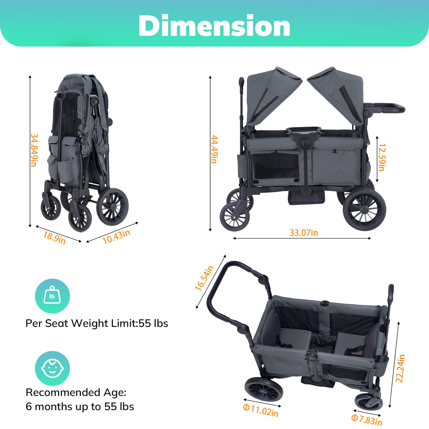 SACVON Baby Stroller Wagon for 2 Kids with Breathable Canopy,Parent Organizer,Removable Seat,2 Cup Holders,Gray