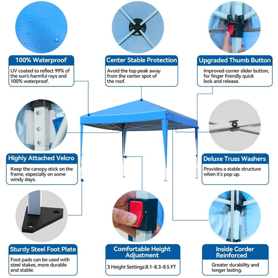 Vecukty 10' x 10' Pop up Canopy Tent with Sidewalls, Gazebo for Patio Outdoor Camping, Blue