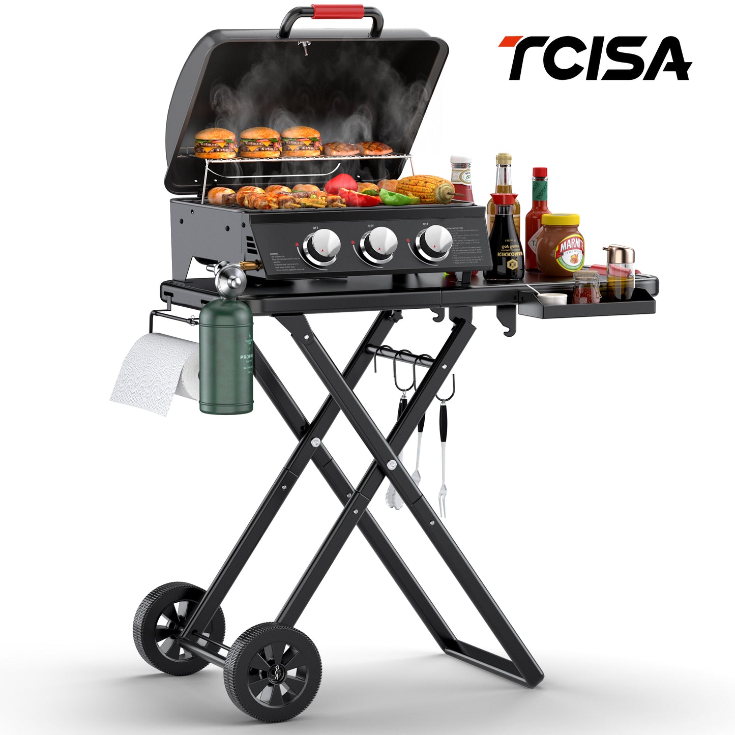 3-Burner Portable Grill with Foldable Legs, 30,000BTU Gas Grill , 415 SQ.IN Detachable Propane Grills, Non-Stick Porcelain Grate, Outdoor Bbq Grill for Camping, Tailgating, Backyard Cooking