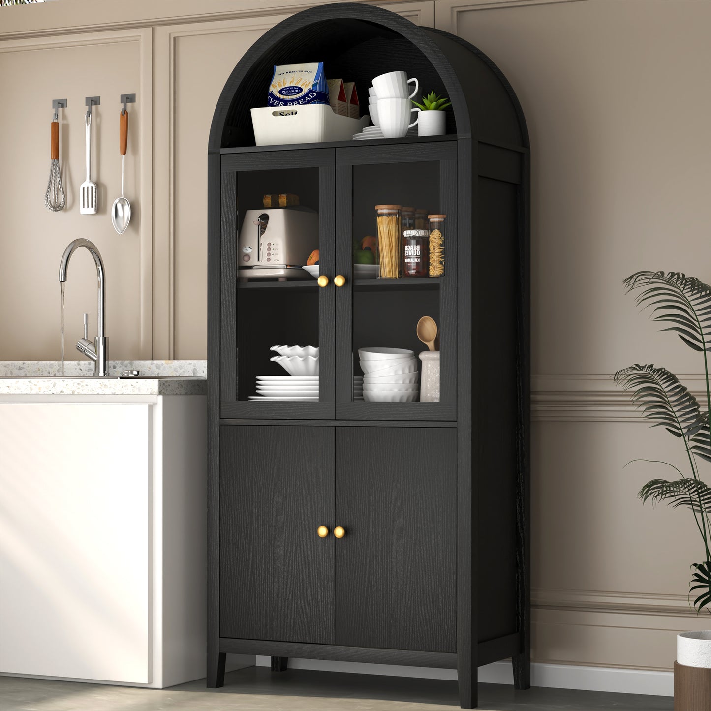 Eunon Tall Arched Storage Display Cabinet,Arched Storage Cabinet With Doors Black Oak