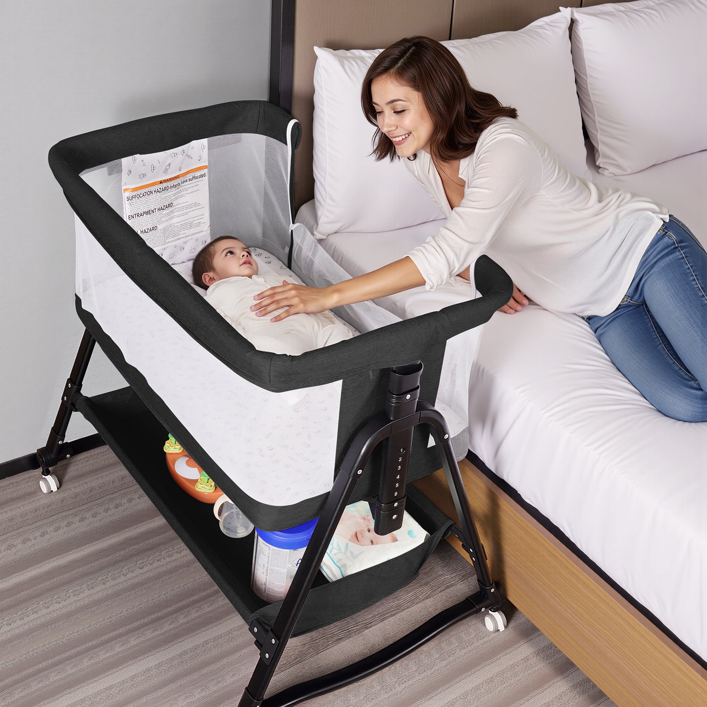 SACVON Baby Bassinet, Beside Sleeper for Baby, Bedside Bassinet with Storage Basket and Wheels to Reduce Mom's Fatigue, Black