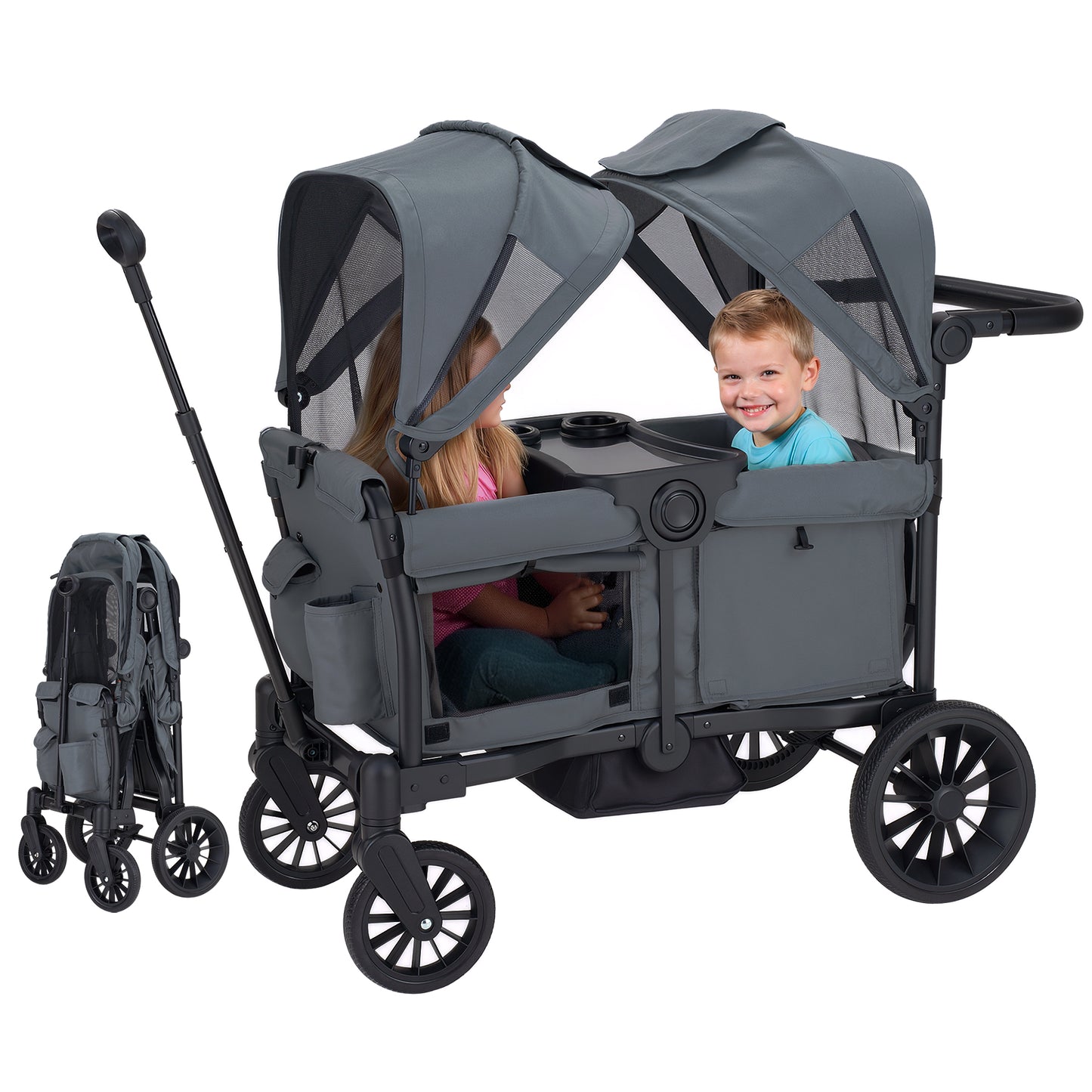 SACVON Baby Stroller Wagon for 2 Kids with Breathable Canopy,Parent Organizer,Removable Seat,2 Cup Holders,Gray