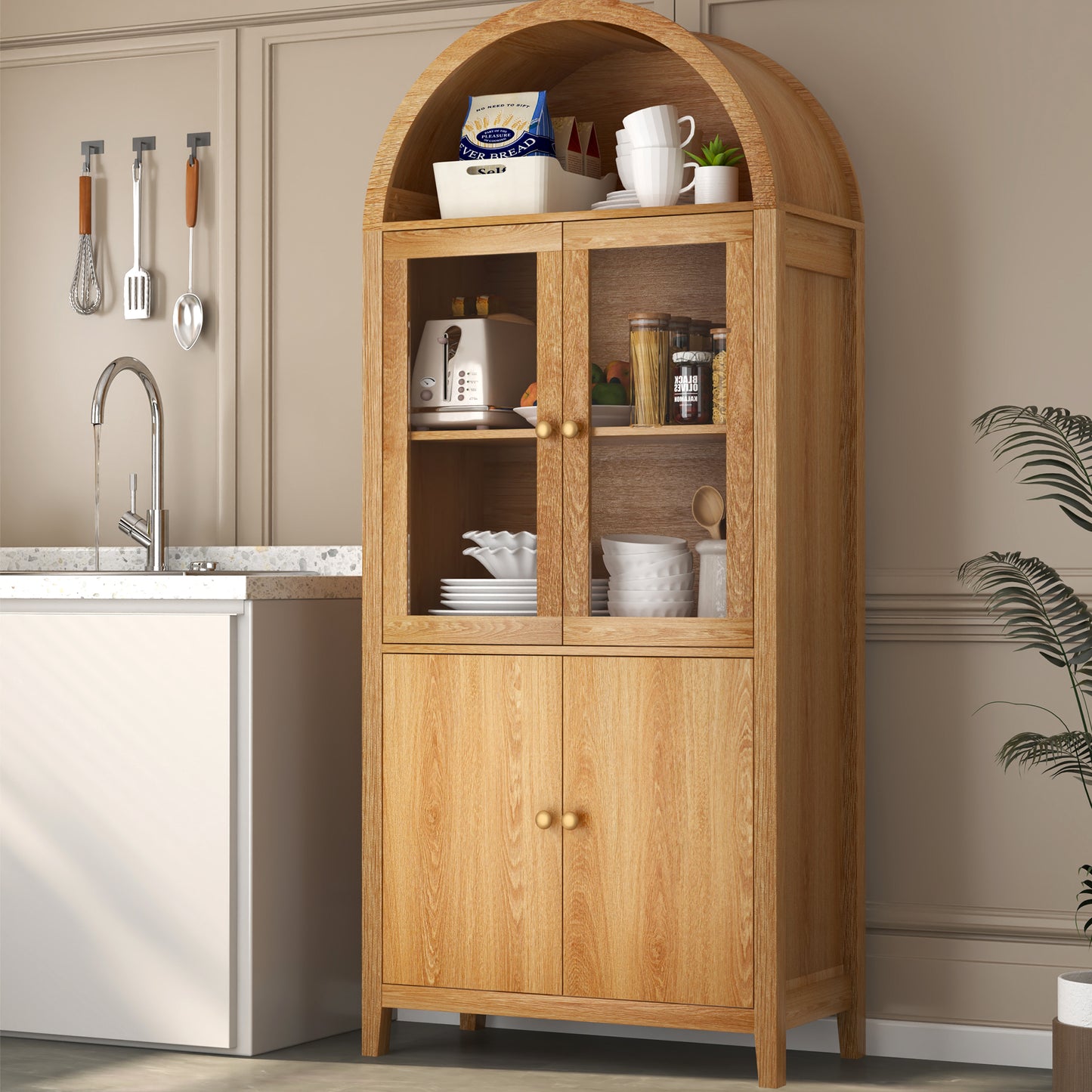 Eunon Tall Arched Storage Display Cabinet,Arched Storage Cabinet With Doors Retro Oak