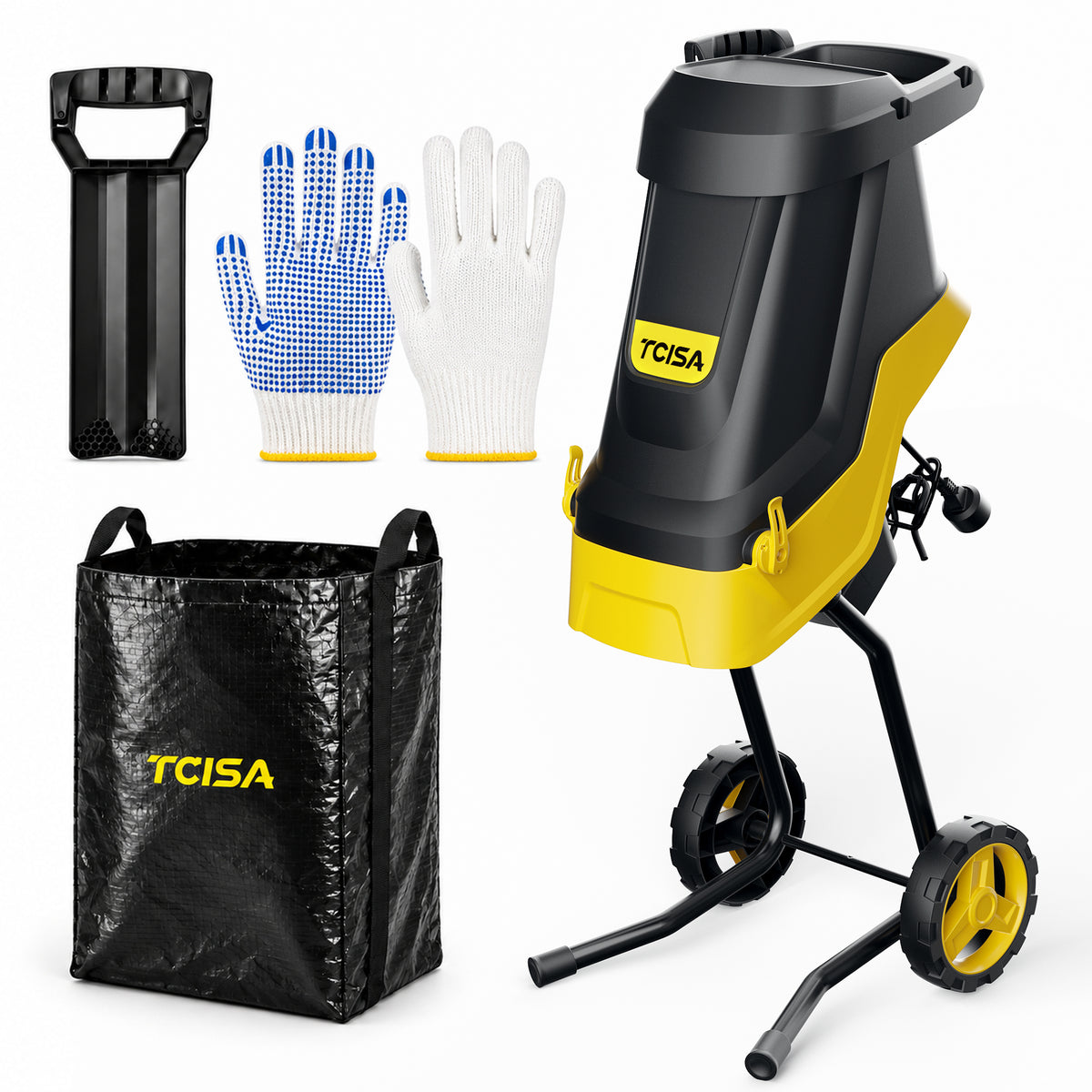 Tcisa 15-Amp Electric Wood Chipper Shredder, 1.8" Cutting Diameter Leaf Mulcher with Collection Bag, 21:1 Reduction for Branches, Twigs & Yard Waste