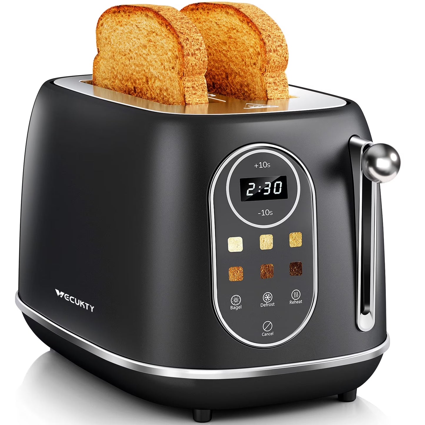 2 Slice Toaster with Smart Touch Screen, Retro Wide Slot Stainless Steel Toaster with 6 Browning Levels, Reheat & Defrost, for Bagel, Toast, Bread, Removable Crumb Tray, Black
