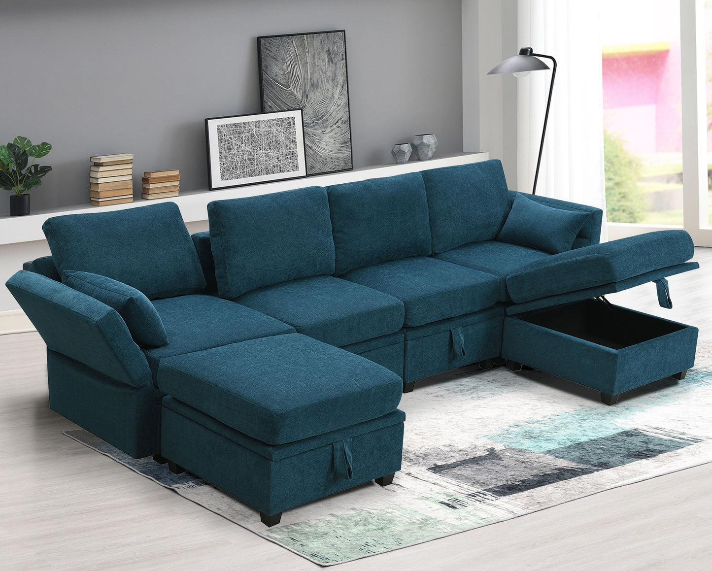 Eunon Modular Sectional Couch with Storage U Shape Chenille Sectional Couch With Reversible Adjustable Ergonomic Chaises , Blue