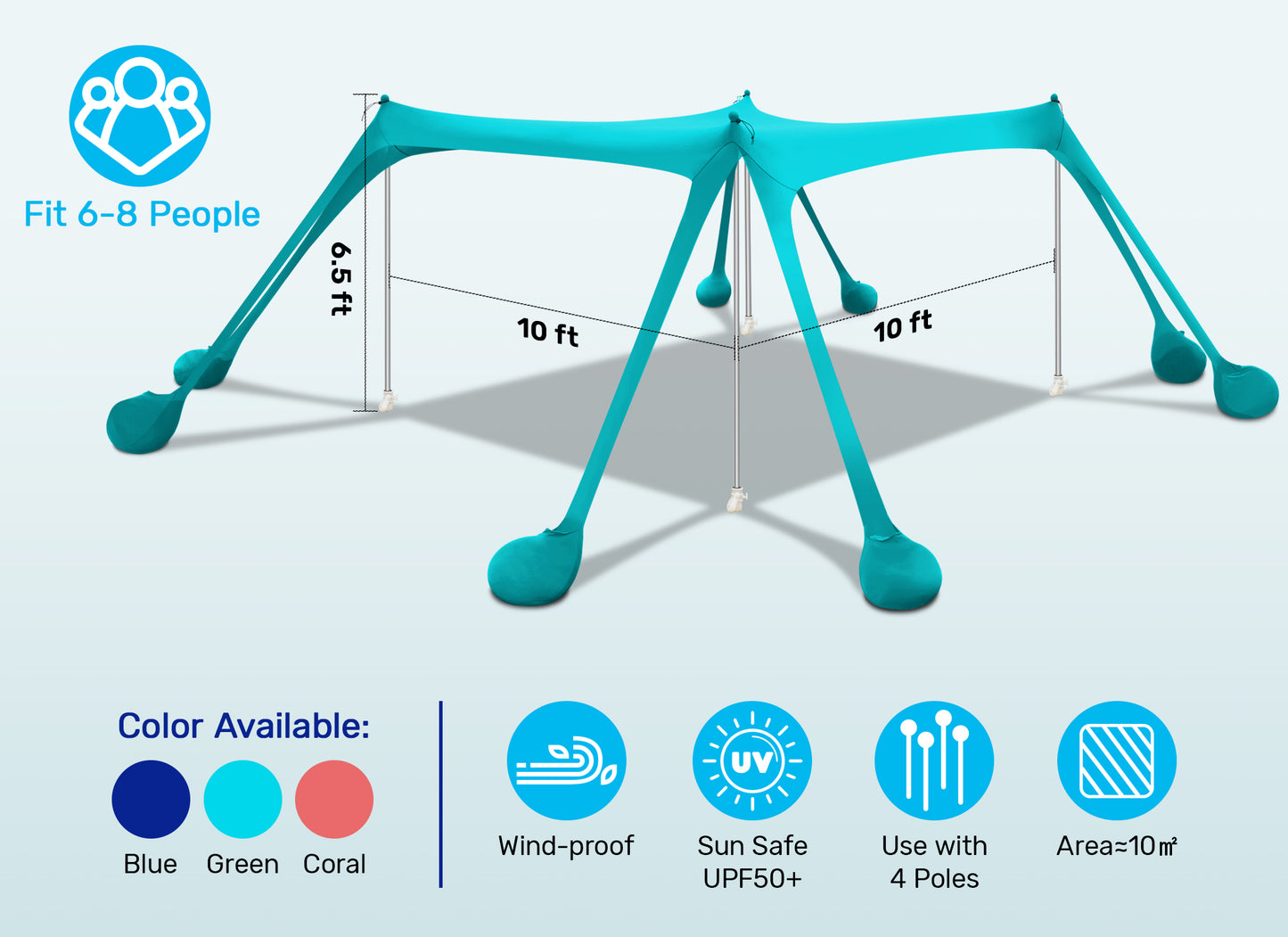 VECUKTY Beach Tent Sun Shelter 10 x 10FT with 8 Sandbags, UPF 50+ Protection Beach Shade Canopy, Outdoor Pop Up Shade Tent Turquoise