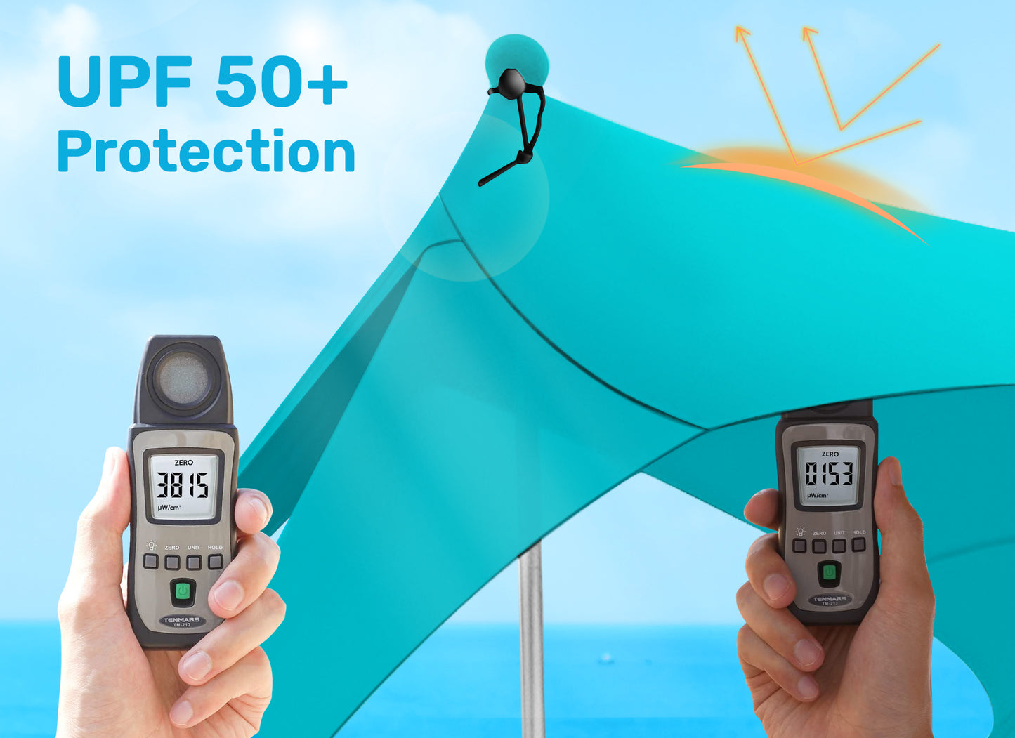 VECUKTY Beach Tent Sun Shelter 10 x 10FT with 8 Sandbags, UPF 50+ Protection Beach Shade Canopy, Outdoor Pop Up Shade Tent Turquoise