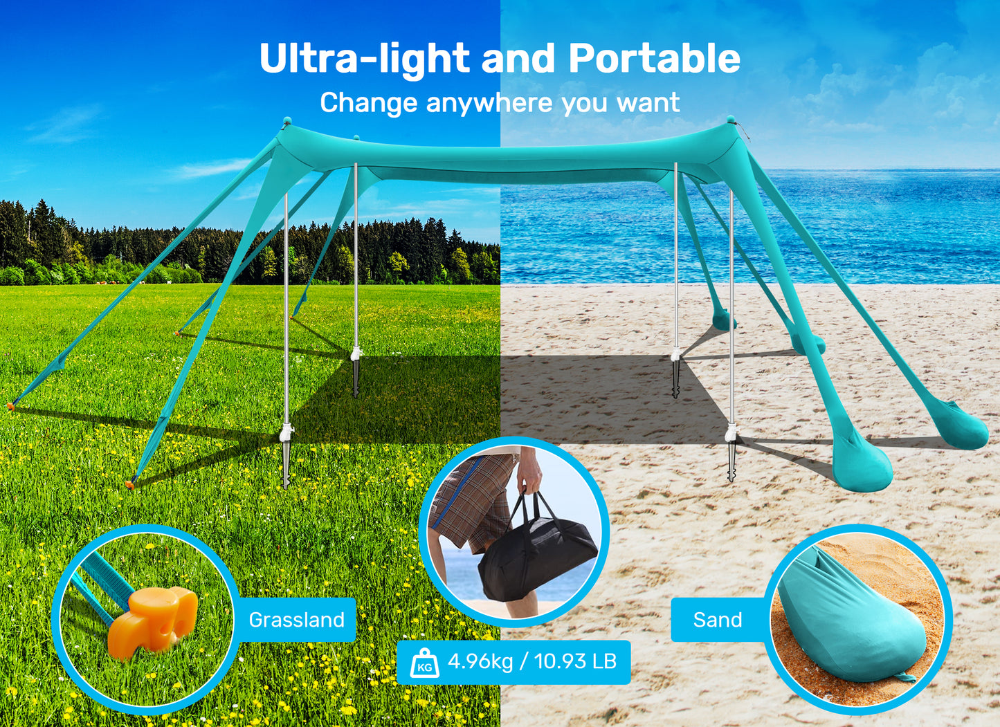 VECUKTY Beach Tent Sun Shelter 10 x 10FT with 8 Sandbags, UPF 50+ Protection Beach Shade Canopy, Outdoor Pop Up Shade Tent Turquoise