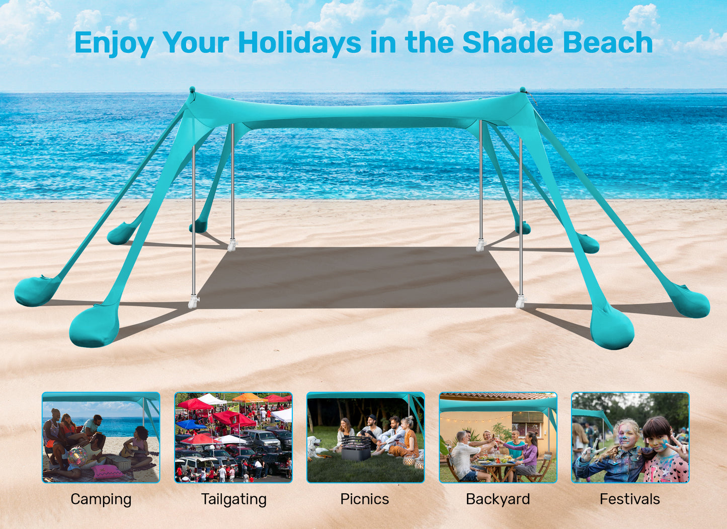 VECUKTY Beach Tent Sun Shelter 10 x 10FT with 8 Sandbags, UPF 50+ Protection Beach Shade Canopy, Outdoor Pop Up Shade Tent Turquoise