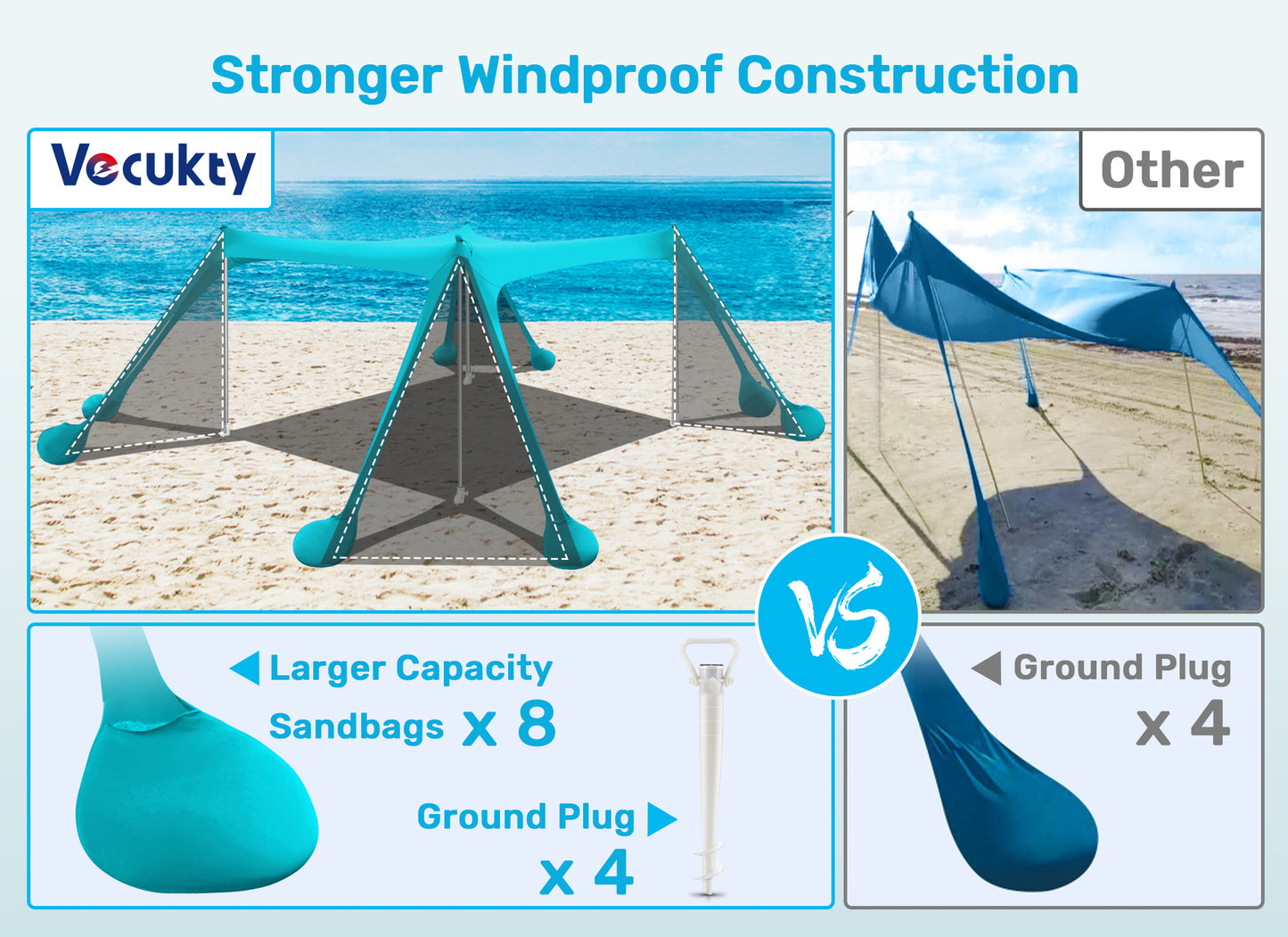 VECUKTY Beach Tent Sun Shelter 10 x 10FT with 8 Sandbags, UPF 50+ Protection Beach Shade Canopy, Outdoor Pop Up Shade Tent Turquoise