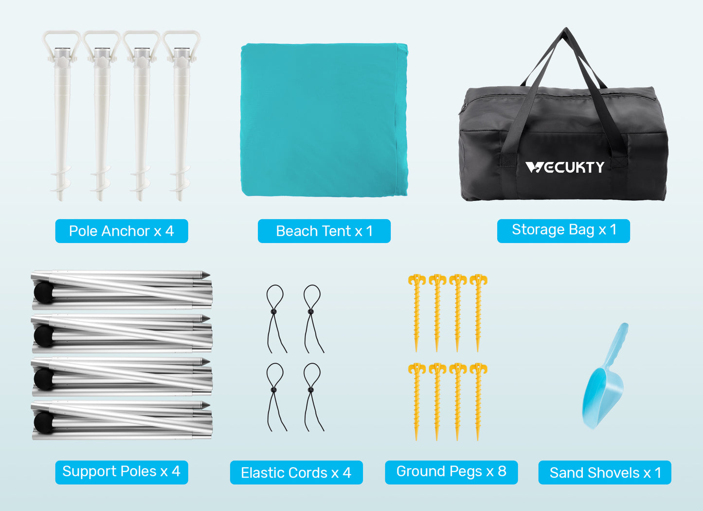 VECUKTY Beach Tent Sun Shelter 10 x 10FT with 8 Sandbags, UPF 50+ Protection Beach Shade Canopy, Outdoor Pop Up Shade Tent Turquoise