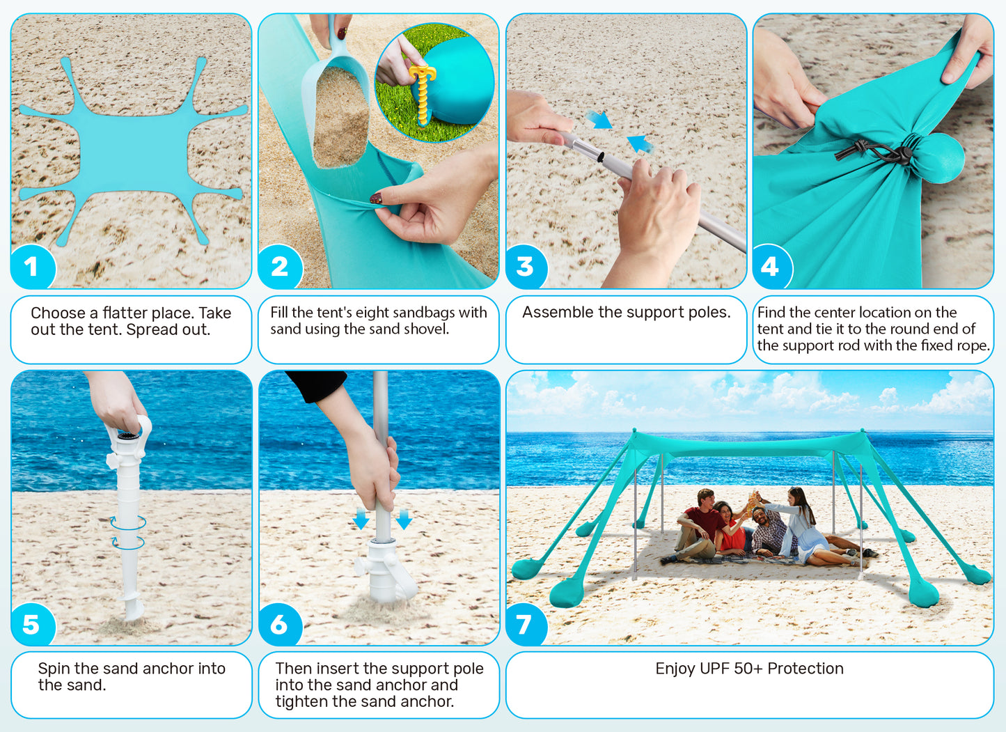 VECUKTY Beach Tent Sun Shelter 10 x 10FT with 8 Sandbags, UPF 50+ Protection Beach Shade Canopy, Outdoor Pop Up Shade Tent Turquoise