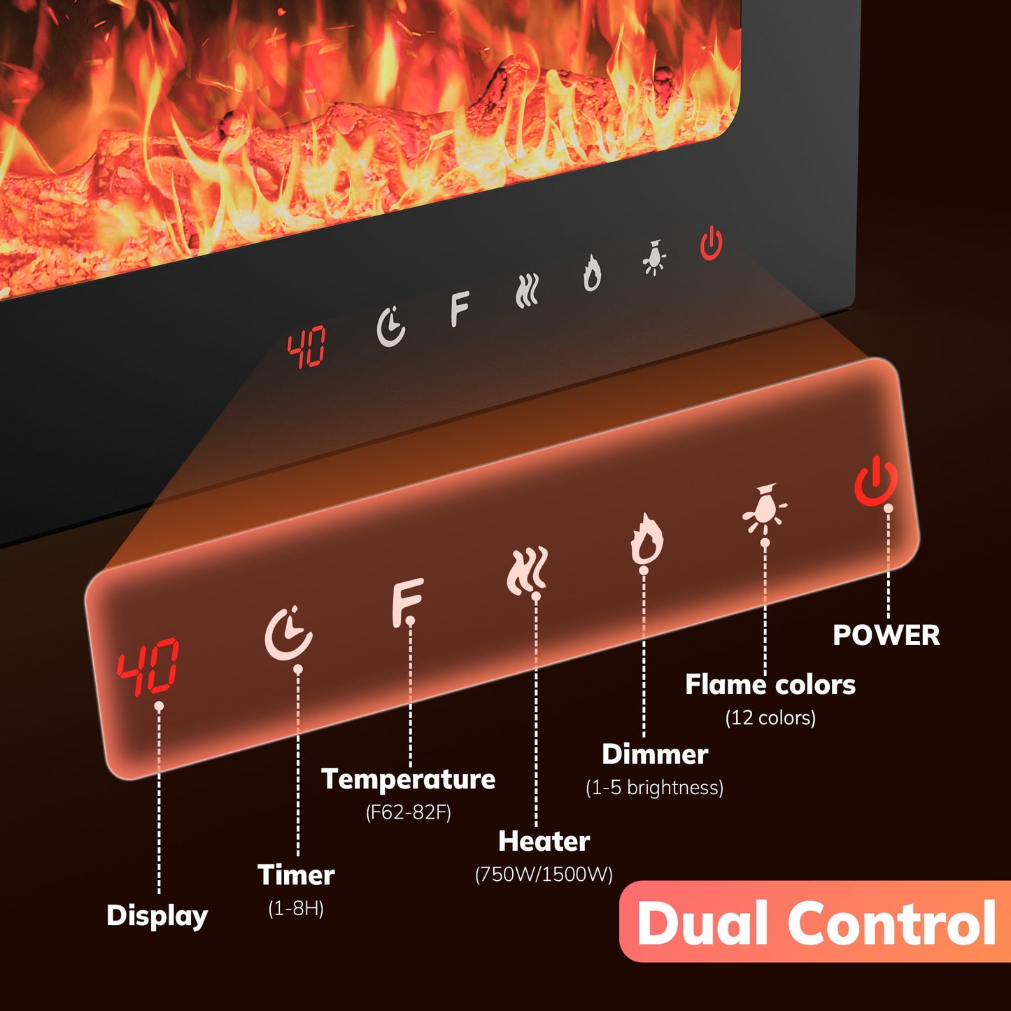 Eunon 60" Electric Fireplace, Recessed and Wall Mounted Low Noise Ultra Thin Thermostatic Fireplace Remote Control with Timer, Touch Screen, Adjustable Flame Colors