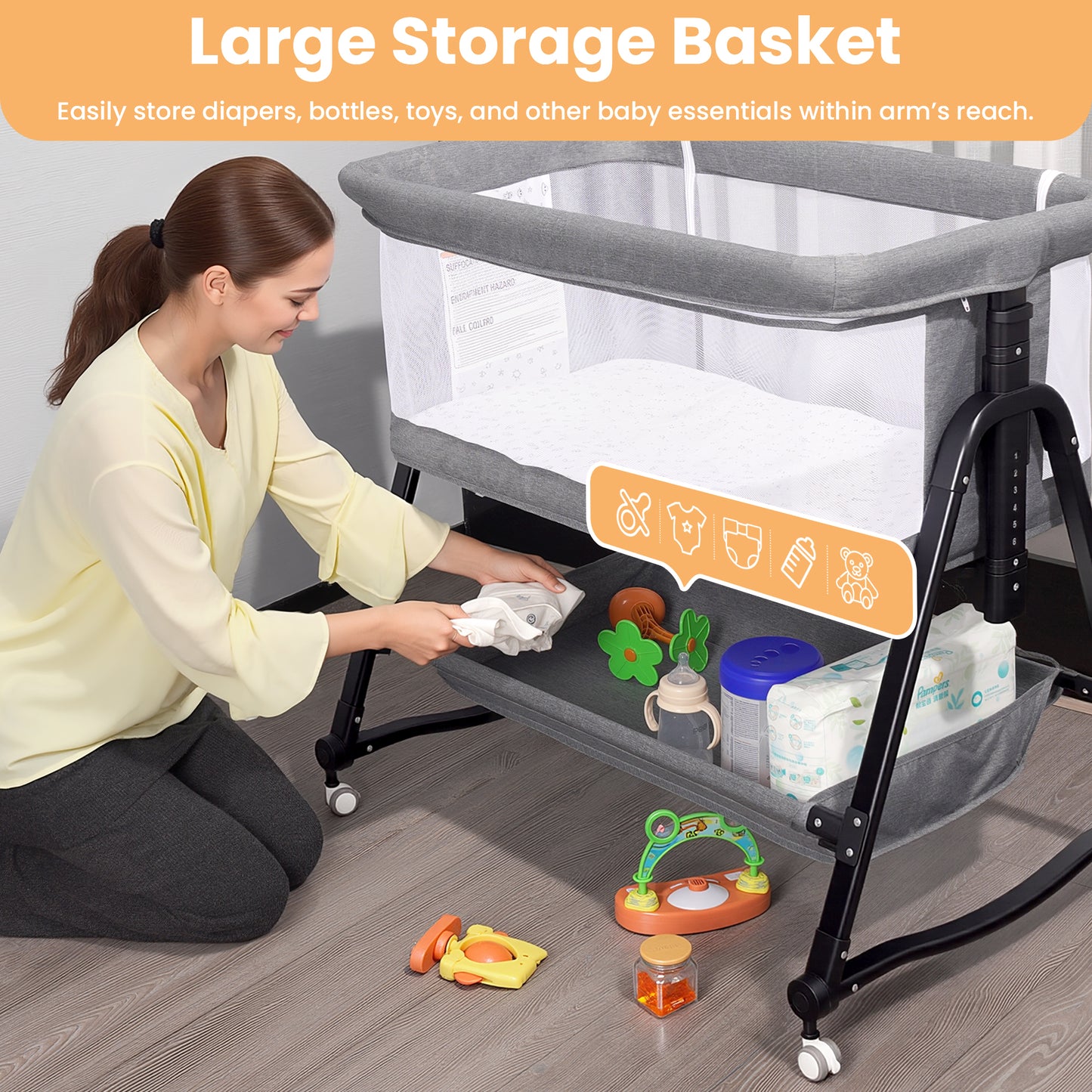 SACVON Baby Bassinet, Beside Sleeper for Baby, Bedside Bassinet with Storage Basket and Wheels to Reduce Mom's Fatigue, Gray
