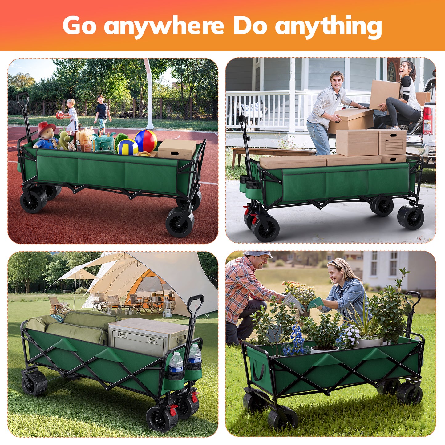 Vecukty 51.2" Large Collapsible Folding Wagon Cart, 560 lbs Load Capacity, Heavy-Duty Steel Frame & Oversized Wheels for Grocery Shopping, Camping, Sports, Moving –Green