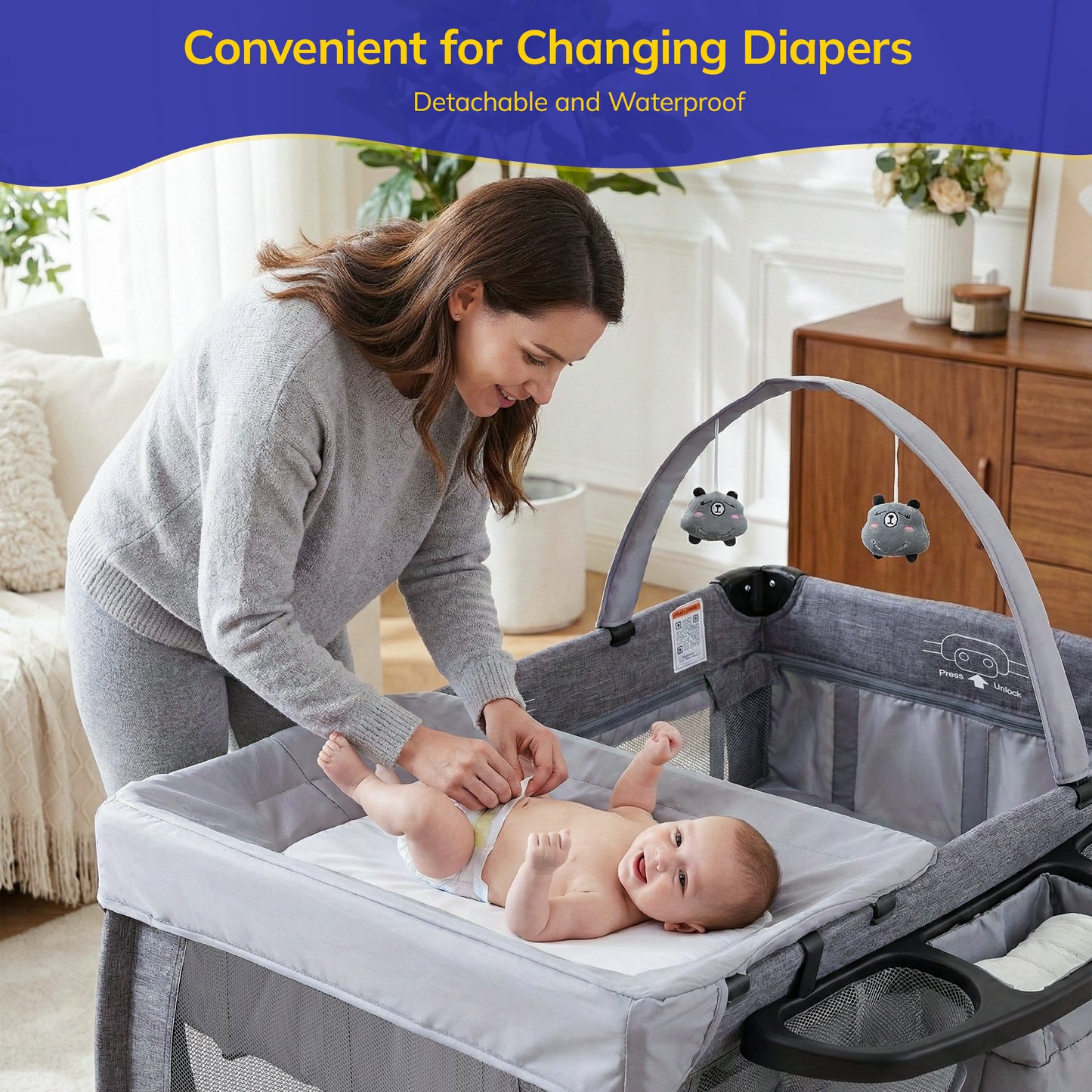 SACVON Portable Baby Playard with Bassinet & Changing Station | Bedside Crib | Removable Storage Organizer | Gray