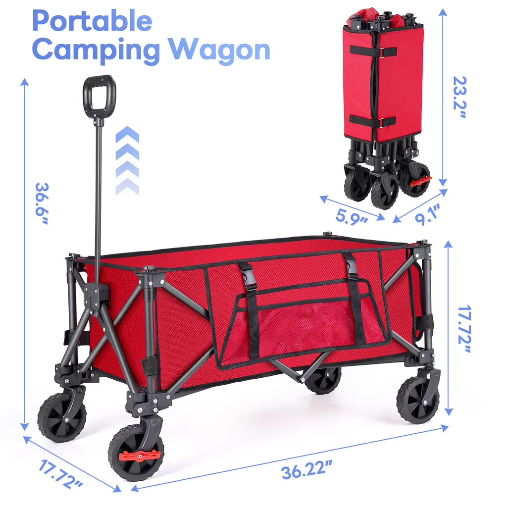 Gathered Collapsible Mini Camping Wagon, Vecukty Portable Foldable Cart, Heavy Duty Folding Utility Grocery Wagon with 150lbs, for Shopping,Sports,Fishing,Beach,Garden,Red