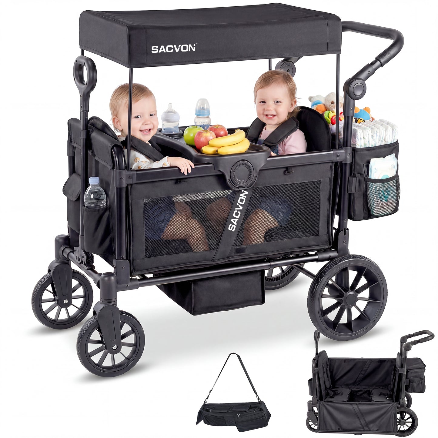 SACVON 2-Seater Stroller Wagon with Side Entry, Canopy & Snack Tray, Includes Removable Storage Bag That Converts to a Backpack-Black
