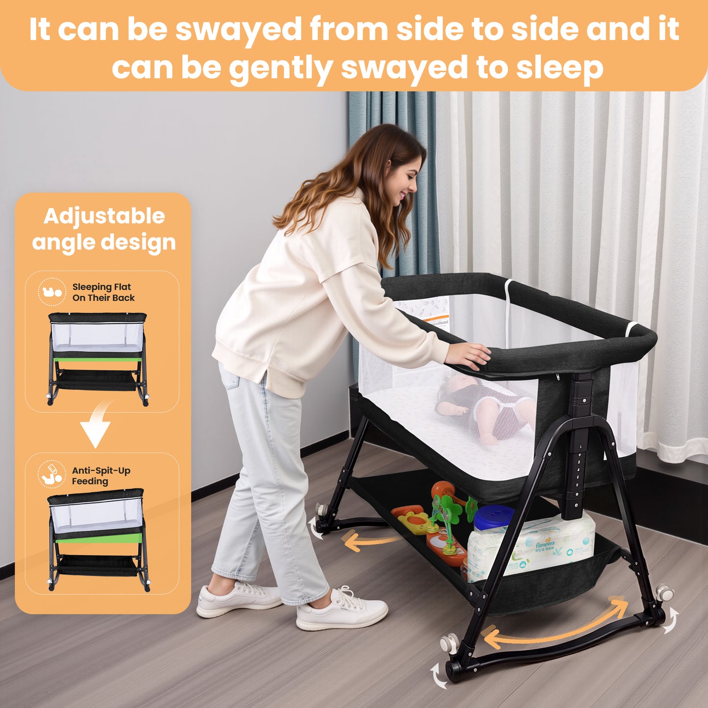 SACVON Baby Bassinet, Beside Sleeper for Baby, Bedside Bassinet with Storage Basket and Wheels to Reduce Mom's Fatigue, Black