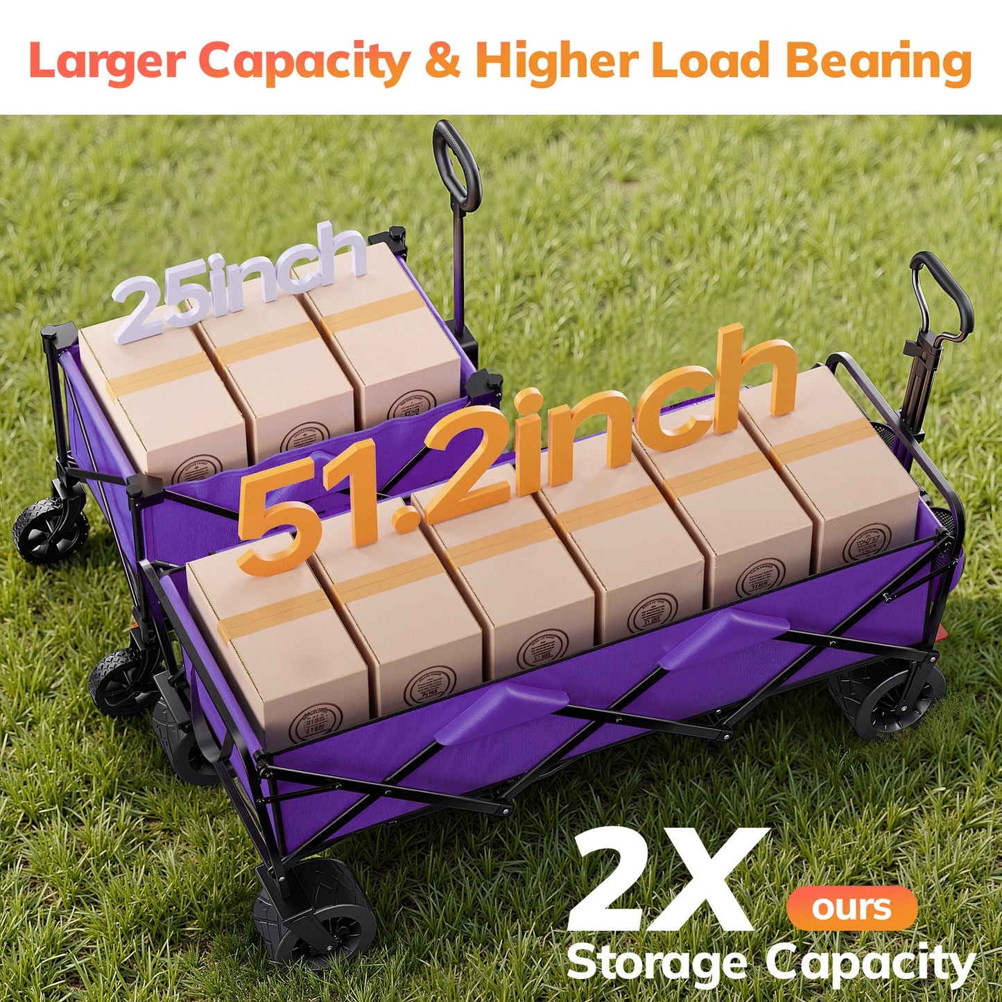 Vecukty 51.2" Large Collapsible Folding Wagon Cart, 560 lbs Load Capacity, Heavy-Duty Steel Frame & Oversized Wheels for Grocery Shopping, Camping, Sports, Moving – Purple