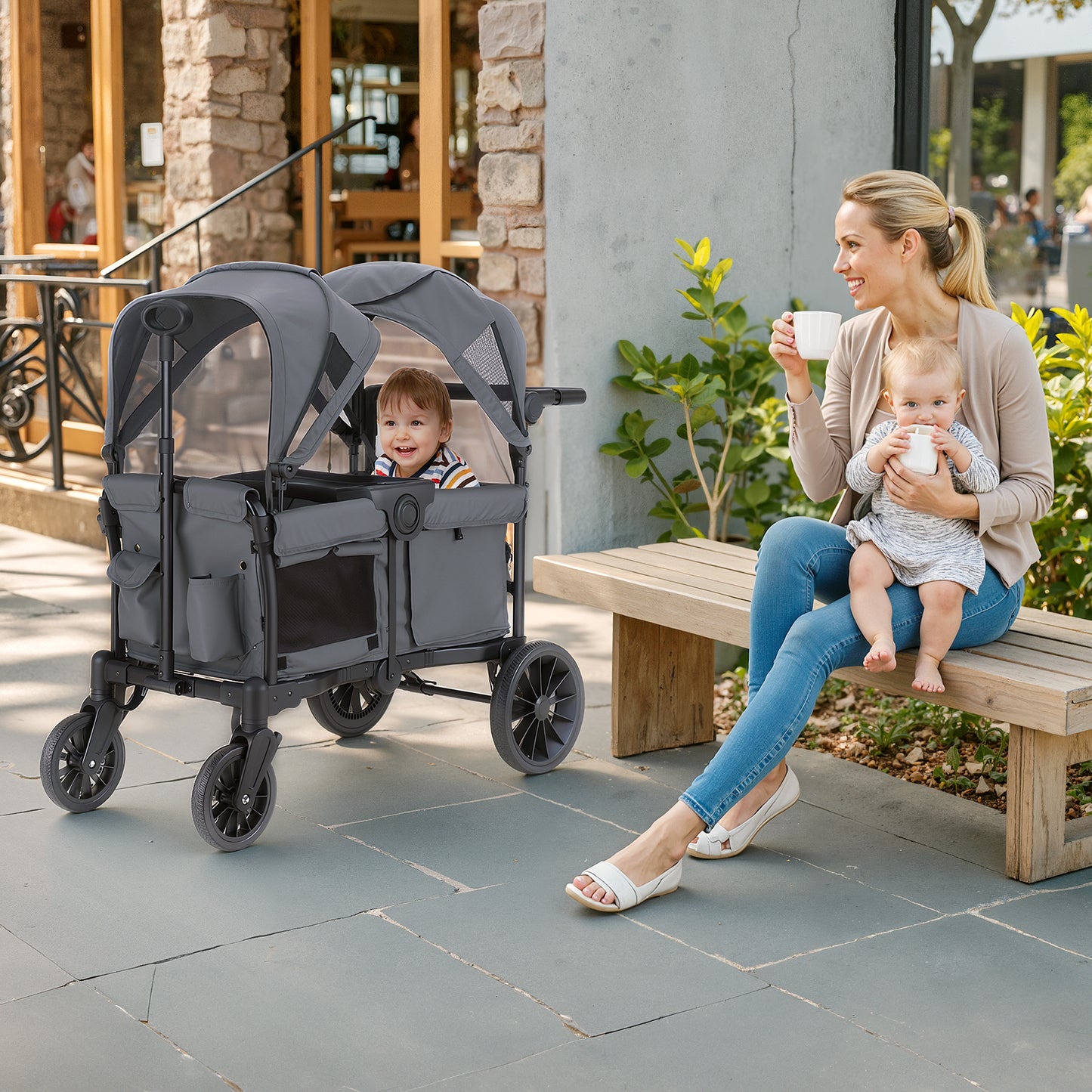 SACVON Baby Stroller Wagon for 2 Kids with Breathable Canopy,Parent Organizer,Removable Seat,2 Cup Holders,Gray