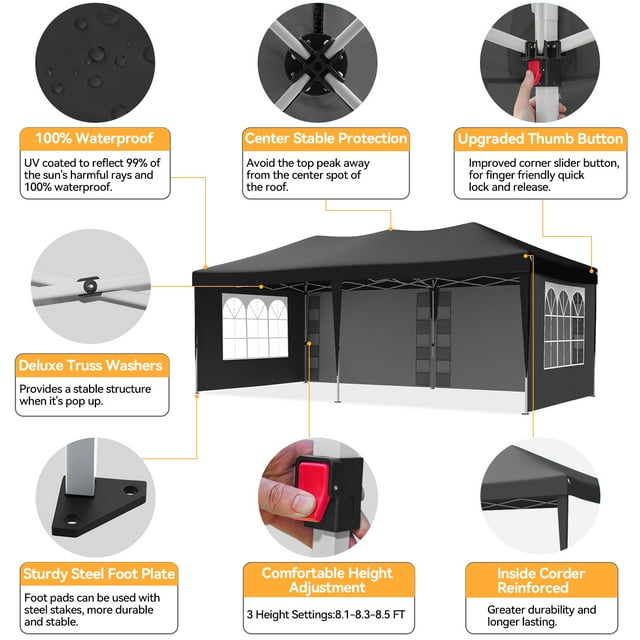 VECUKTY 10 x 20ft Pop up Canopy Tent with 6 Sidewalls, Wheeled Bag, Shelter for Outdoor Shade,Black