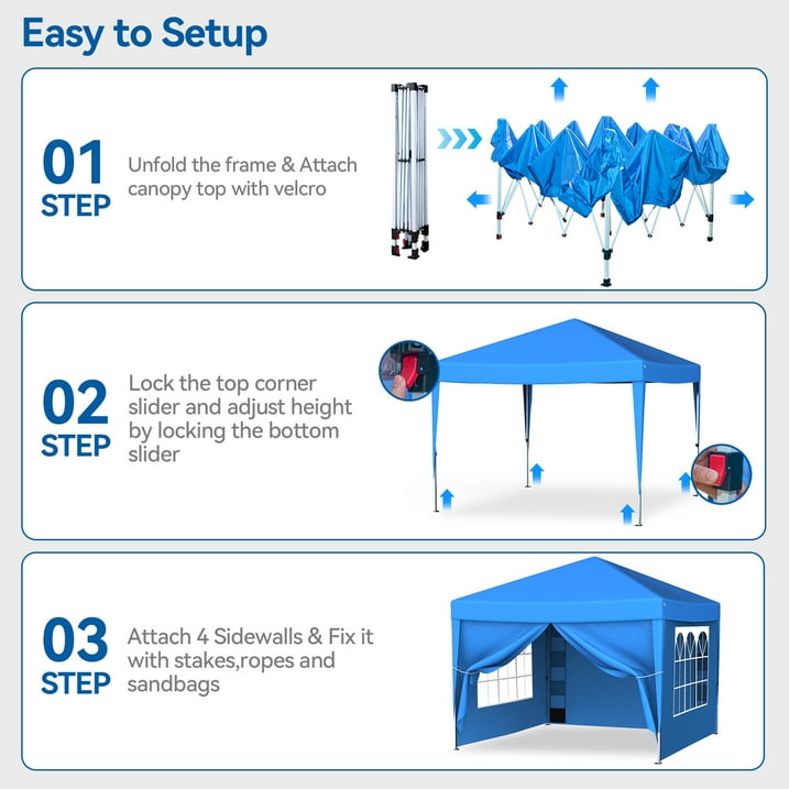 Vecukty 10' x 10' Pop up Canopy Tent with Sidewalls, Gazebo for Patio Outdoor Camping, Blue