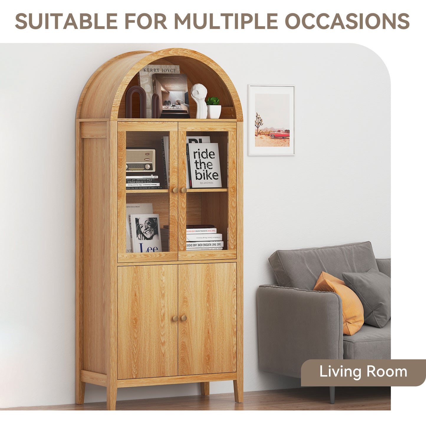 Eunon Tall Arched Storage Display Cabinet,Arched Storage Cabinet With Doors Retro Oak
