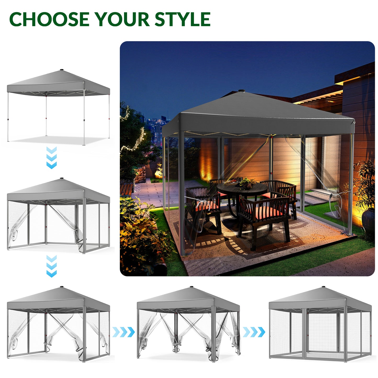 Vecukty 10x10ft Pop Up Canopy Tent with Removable Mesh Mosquito Sidewalls, Remote-Controlled 8-Color LED Lights ,Instant Outdoor Shelter Gazebo Tent,Gray