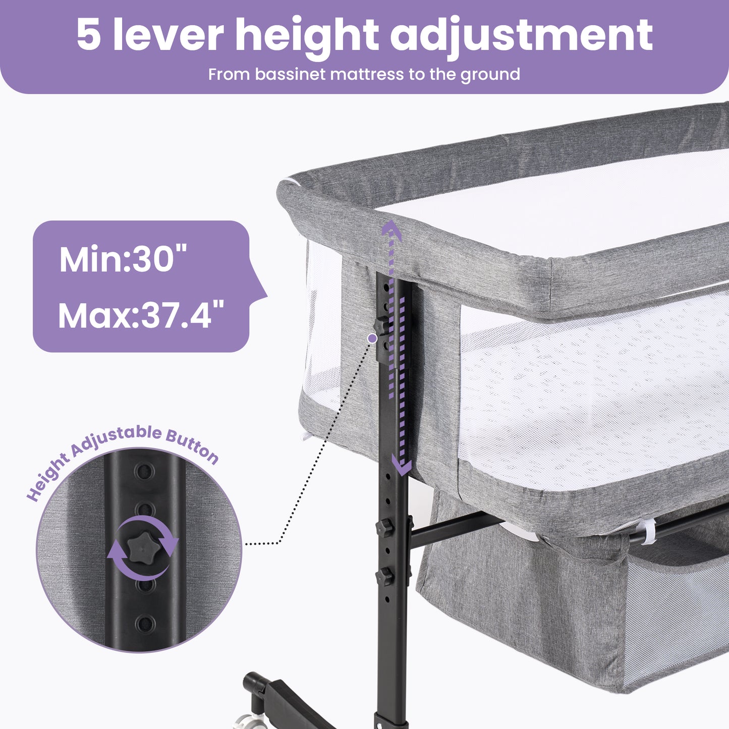 SACVON Baby Bassinets, All Mesh Crib Portable for Safe Co-Sleeping,Adjustable Bedside Sleeper,Baby Bed for Infant Newborn, Gray